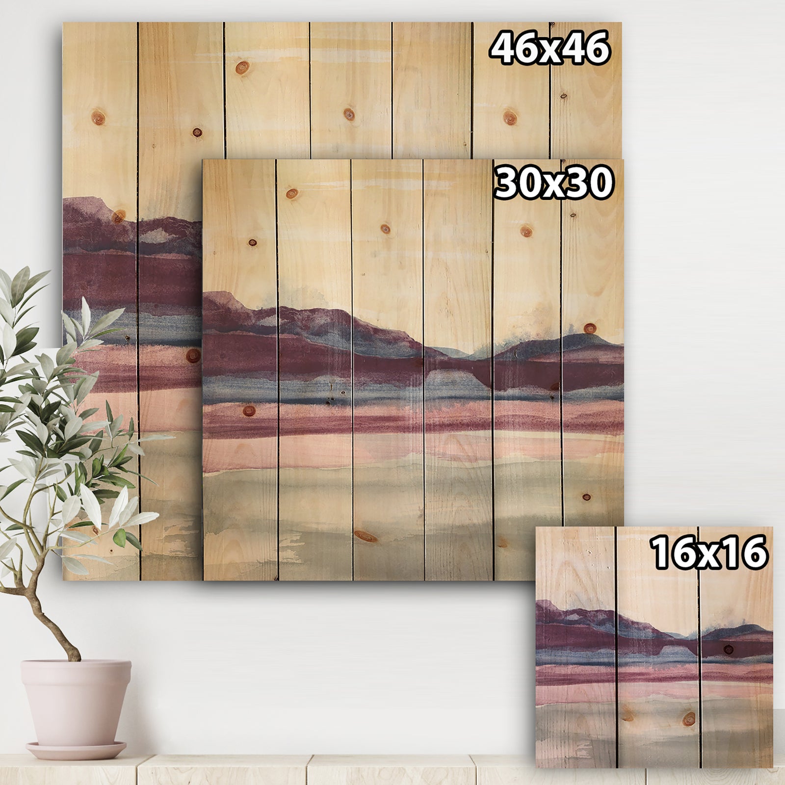 Purple Rock landscape - Shabby Chic Print on Natural Pine Wood