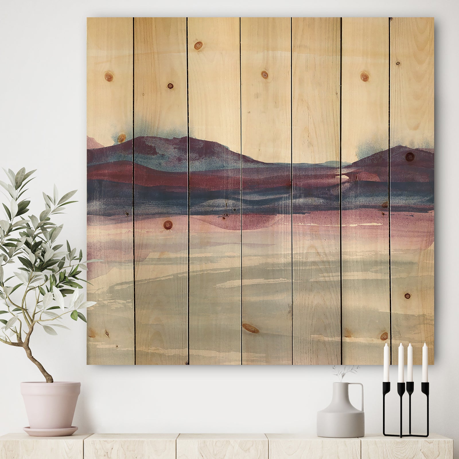 Purple Rock landscape II - Shabby Chic Print on Natural Pine Wood