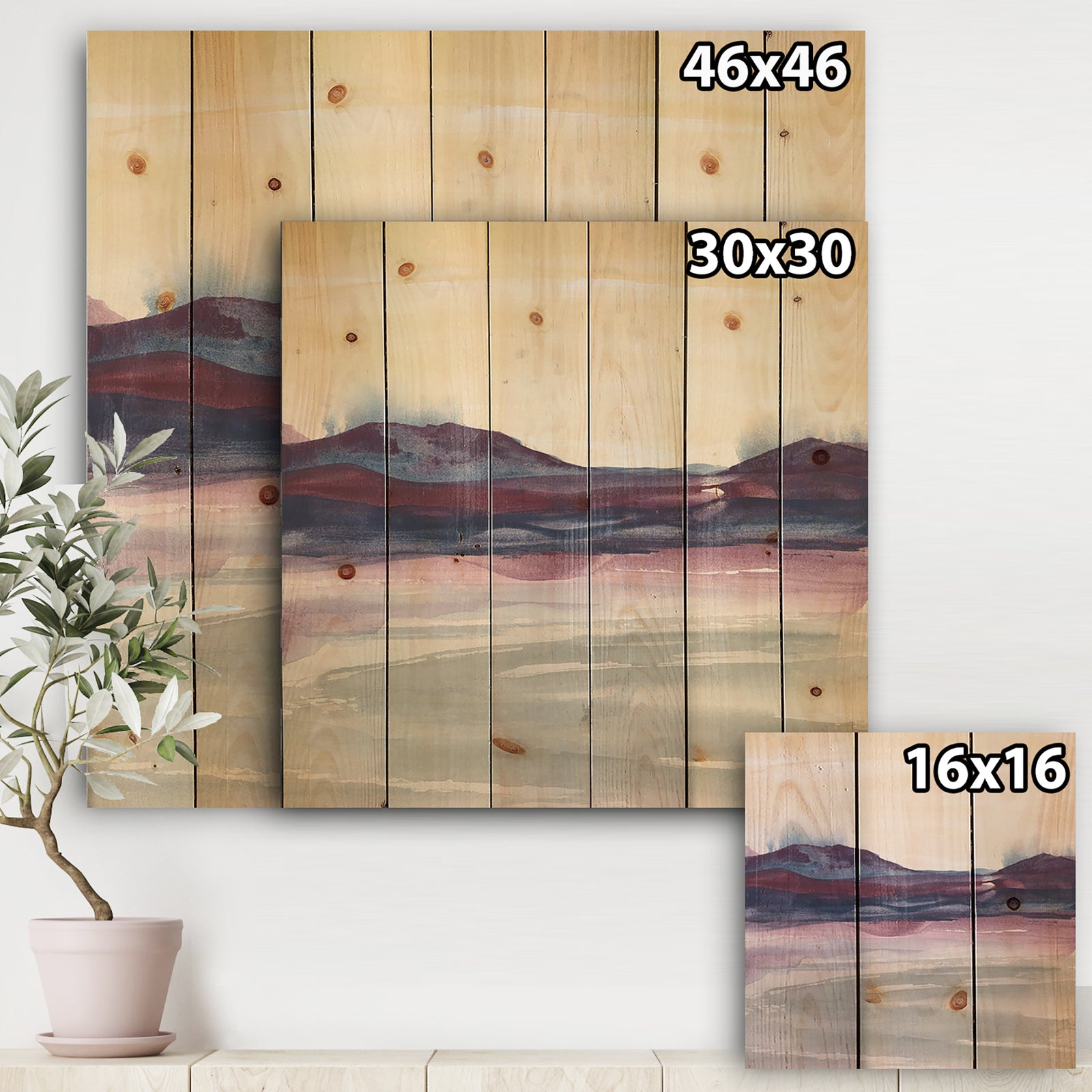 Purple Rock landscape II - Shabby Chic Print on Natural Pine Wood