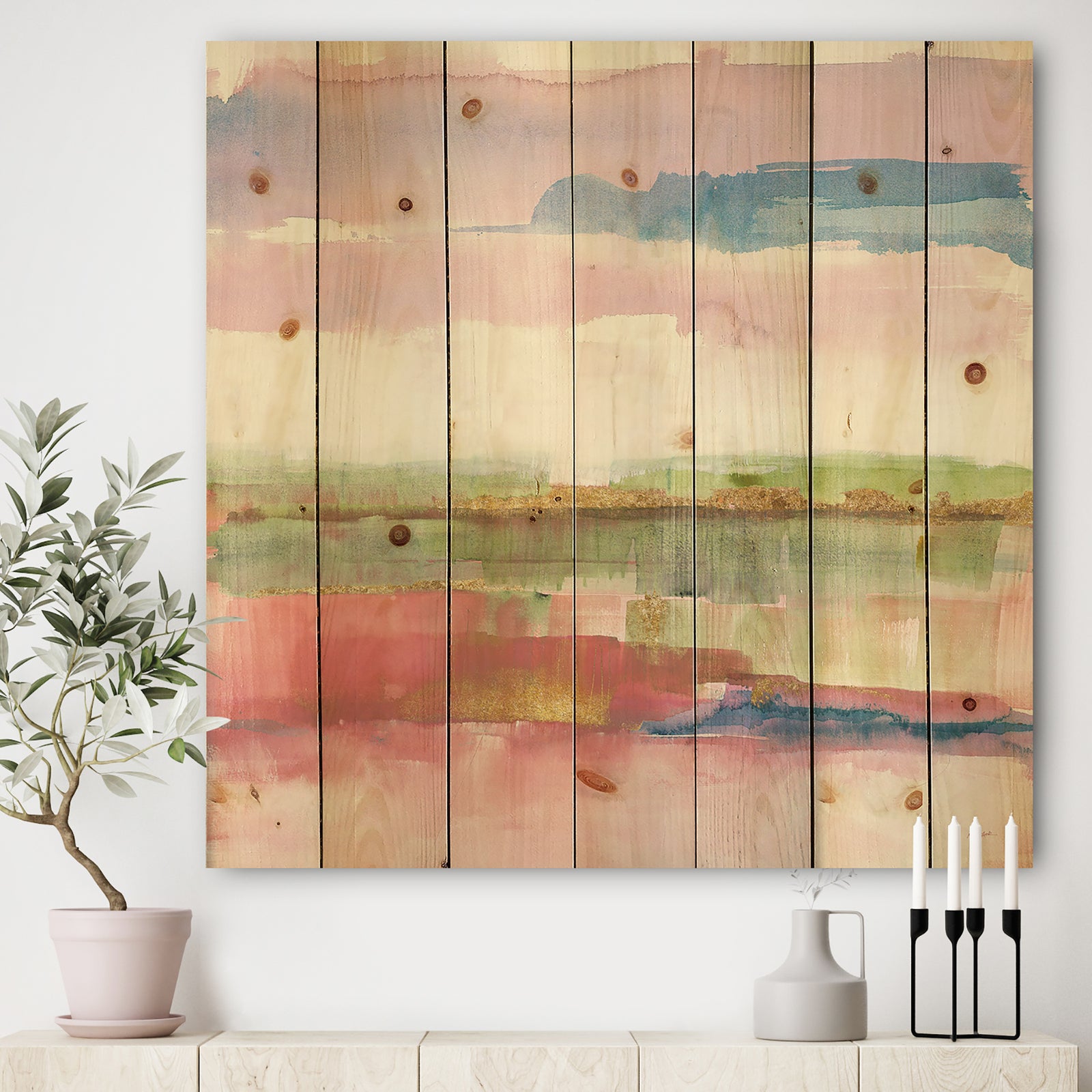 Influence of Line and Color Gold Bright - Shabby Chic Print on Natural Pine Wood