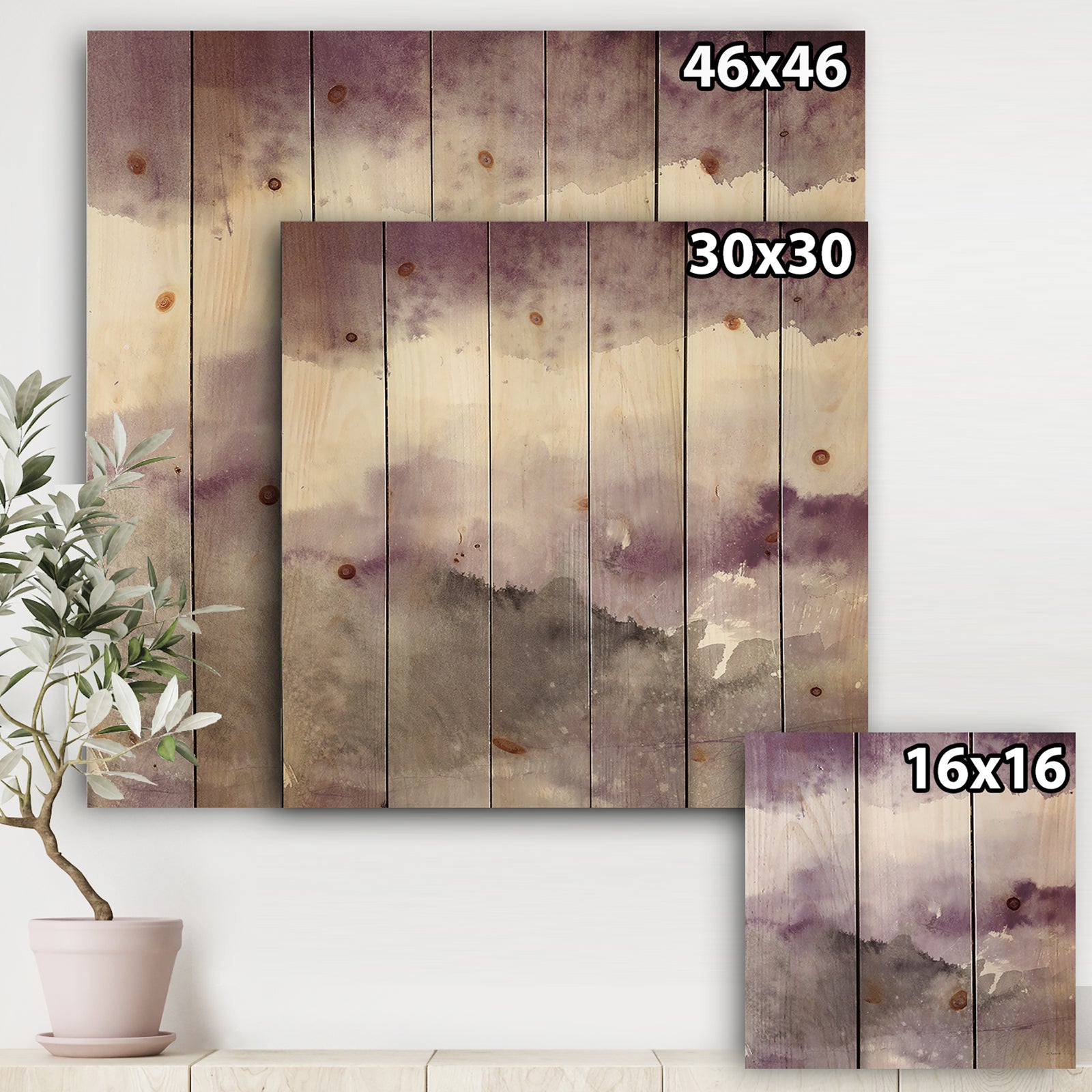 Midnight at the Lake III Amethyst and Grey - Shabby Chic Print on Natural Pine Wood