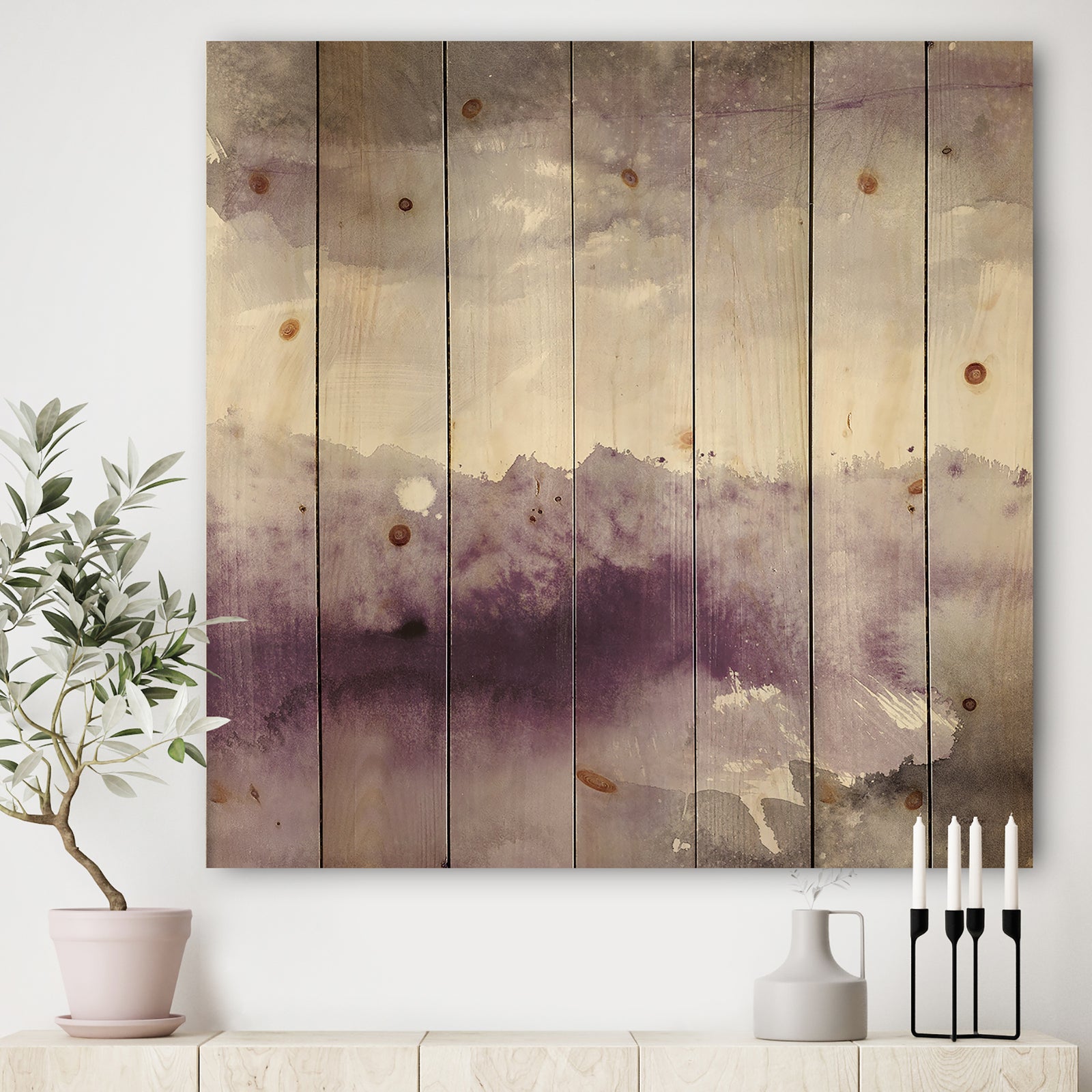Midnight at the Lake II Amethyst and Grey - Shabby Chic Print on Natural Pine Wood