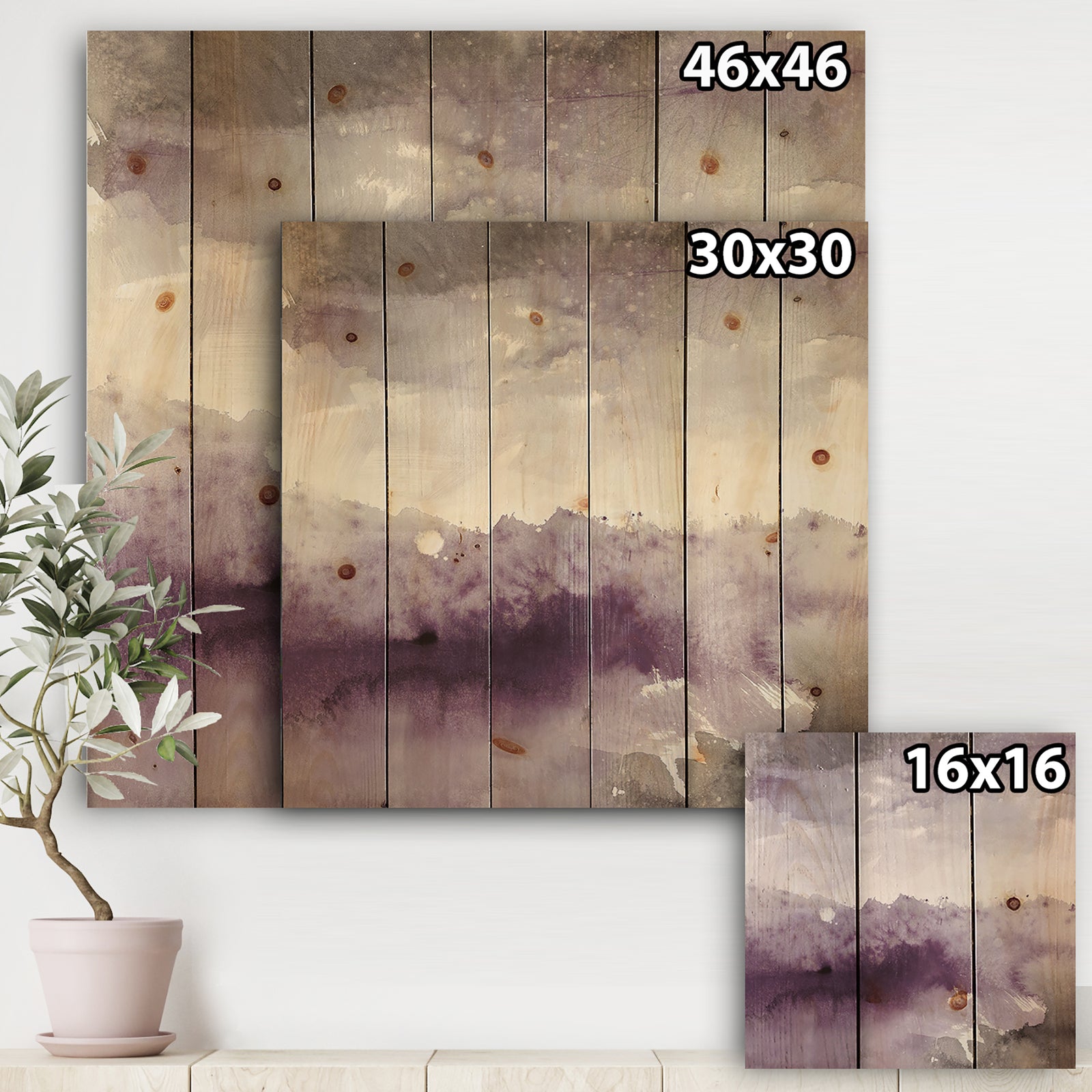 Midnight at the Lake II Amethyst and Grey - Shabby Chic Print on Natural Pine Wood