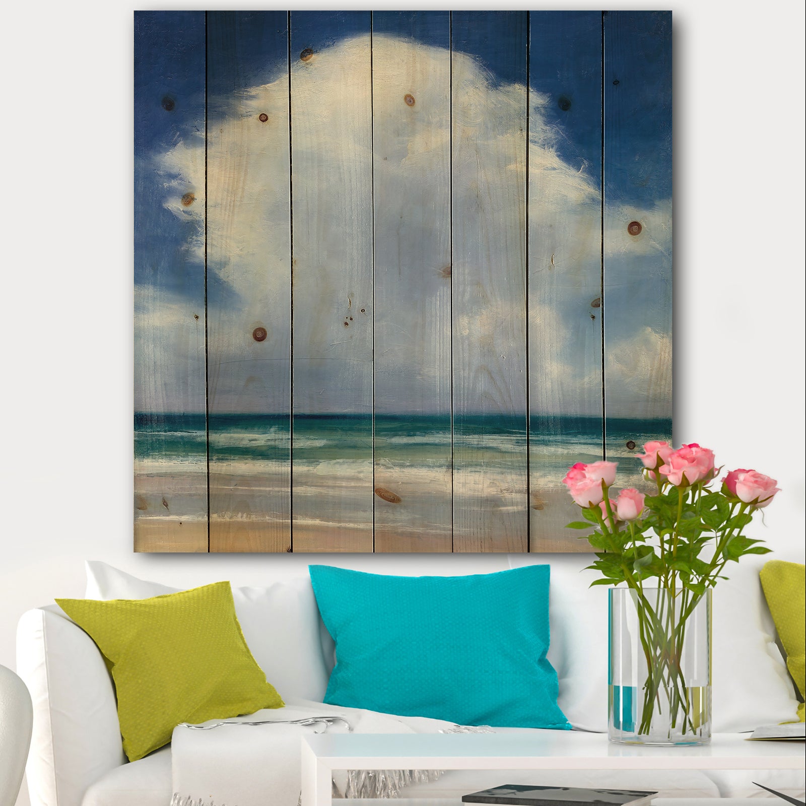 Porch & Den Beach Clouds II - Landscape Print on Natural Pine Wood