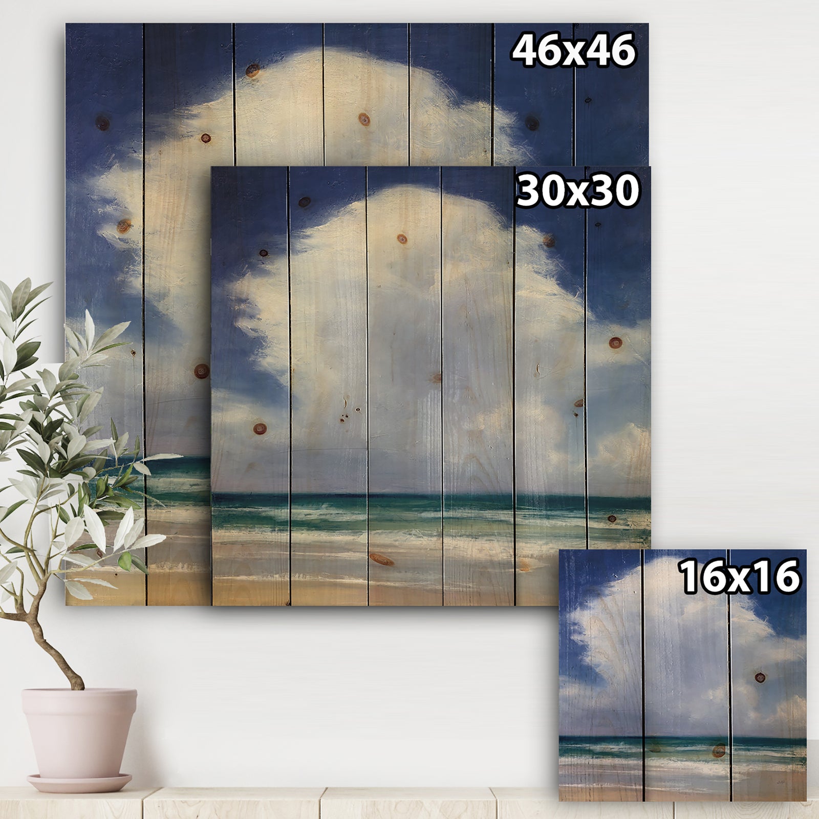 Porch & Den Beach Clouds II - Landscape Print on Natural Pine Wood