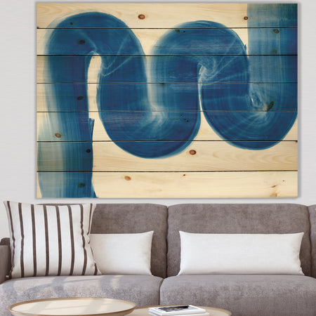 Blue Geometric S Curve - Modern Transitional Print on Natural Pine Wood