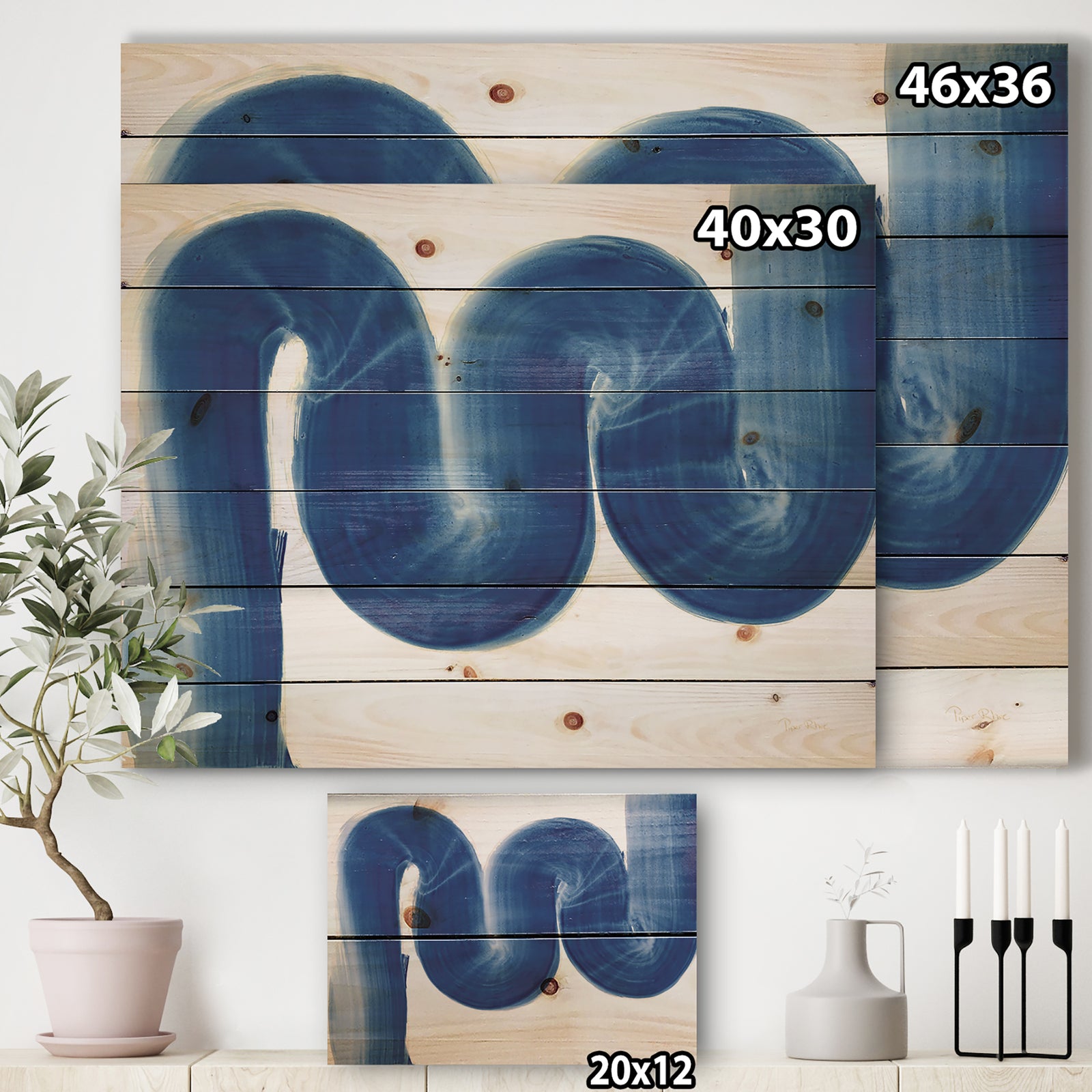 Blue Geometric S Curve - Modern Transitional Print on Natural Pine Wood