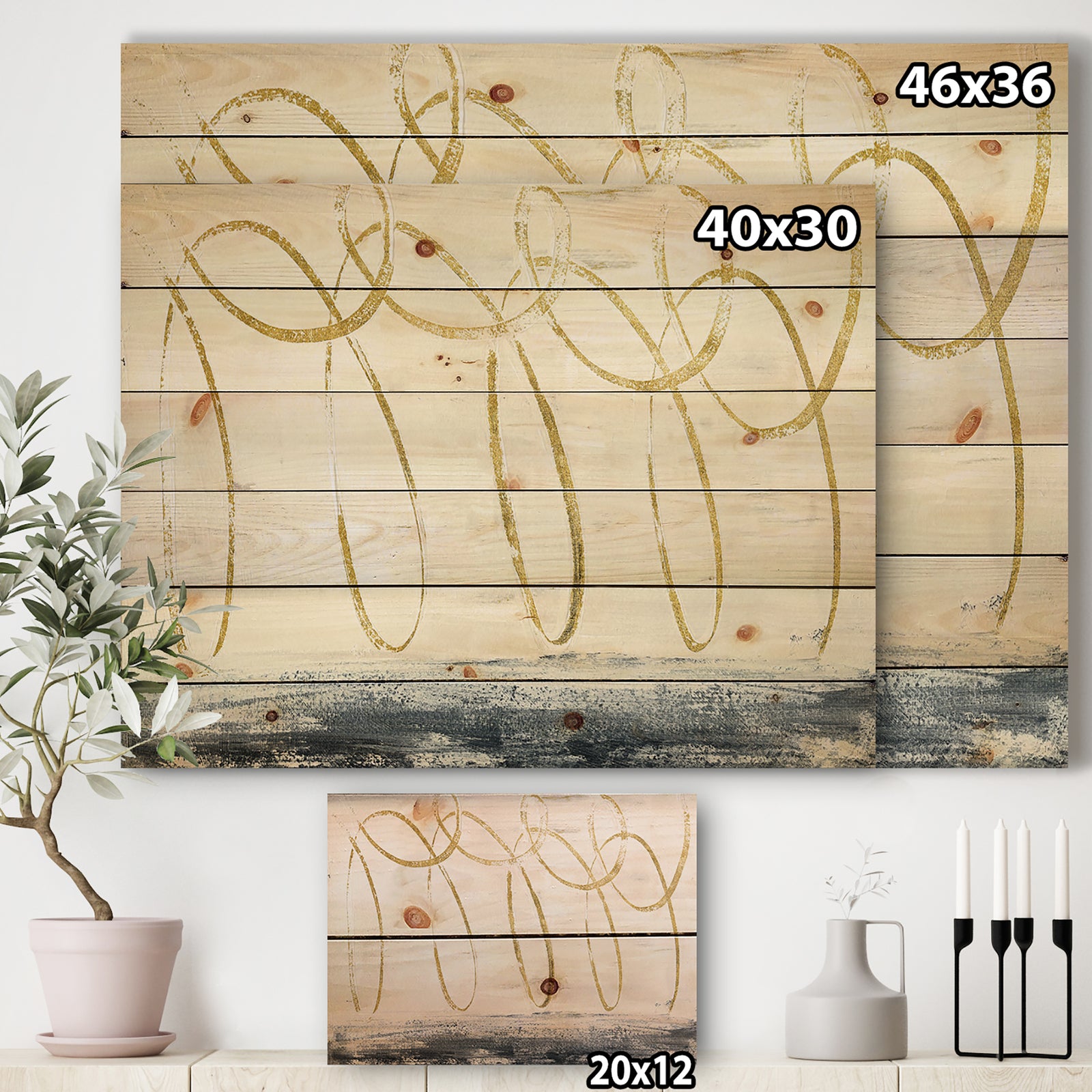 Gold Abstract Geometric Shape - Modern Transitional Print on Natural Pine Wood