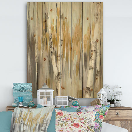 Silver and Yellow Birch Forest - Cottage Print on Natural Pine Wood