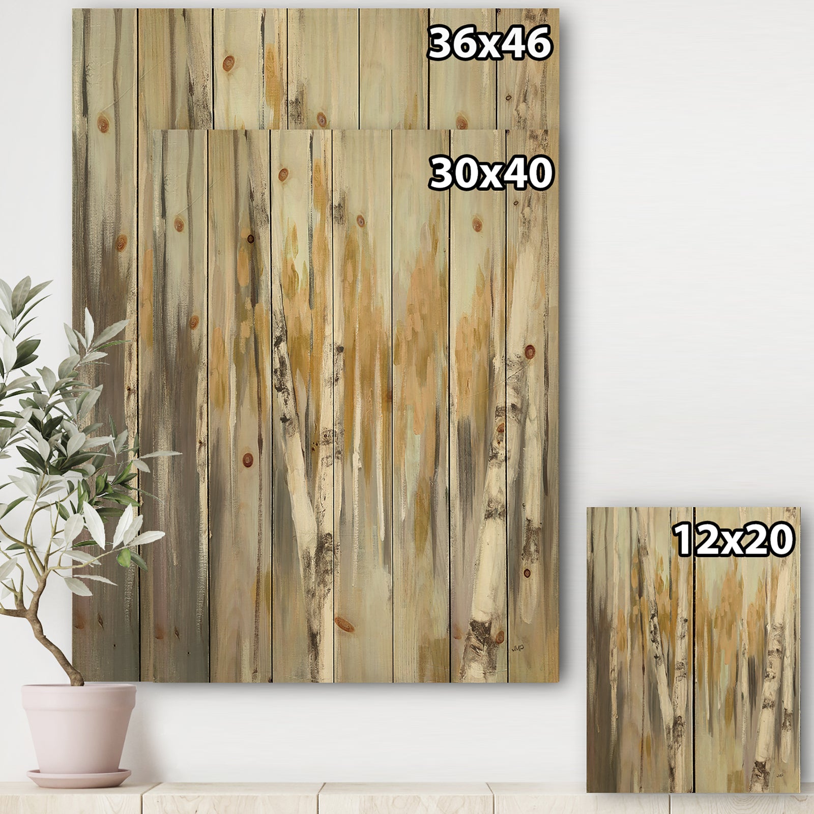 Silver and Yellow Birch Forest - Cottage Print on Natural Pine Wood