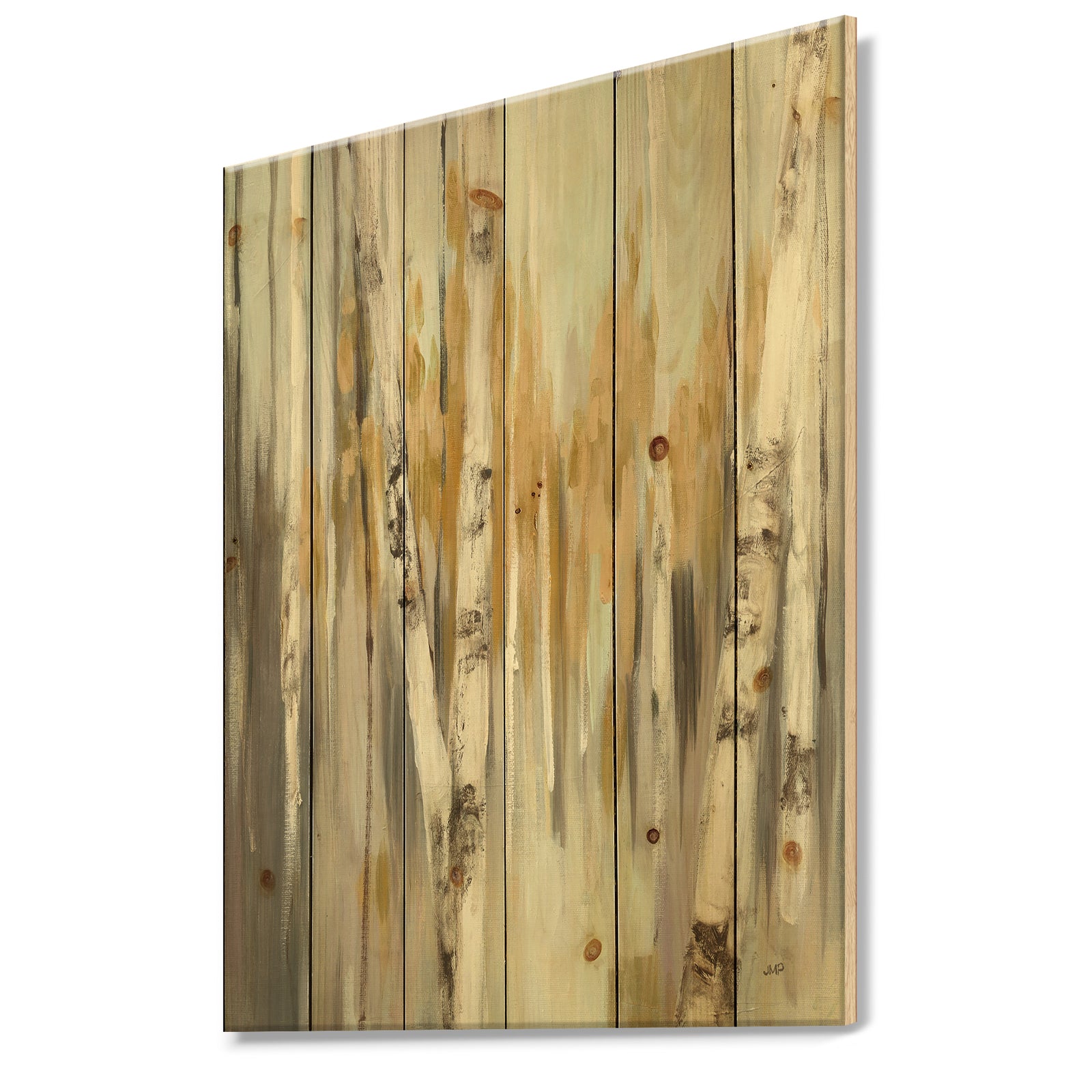 Silver and Yellow Birch Forest - Cottage Print on Natural Pine Wood