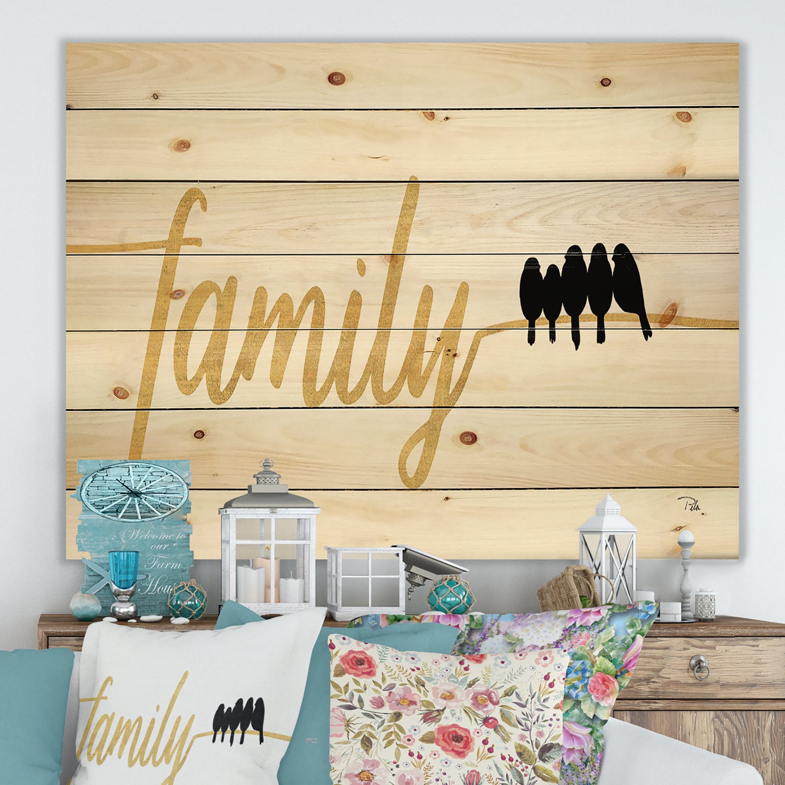 Family of Birds on Gold Words II - Cottage Print on Natural Pine Wood