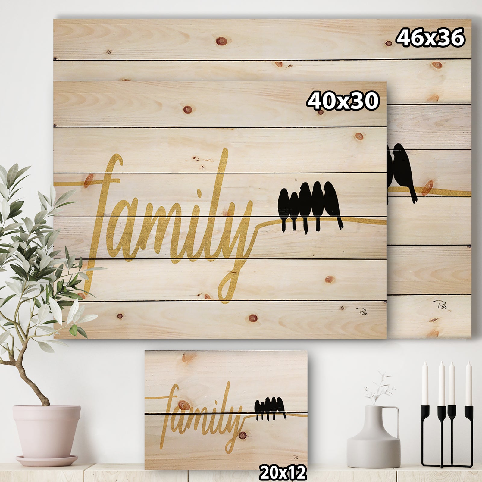 Family of Birds on Gold Words II - Cottage Print on Natural Pine Wood