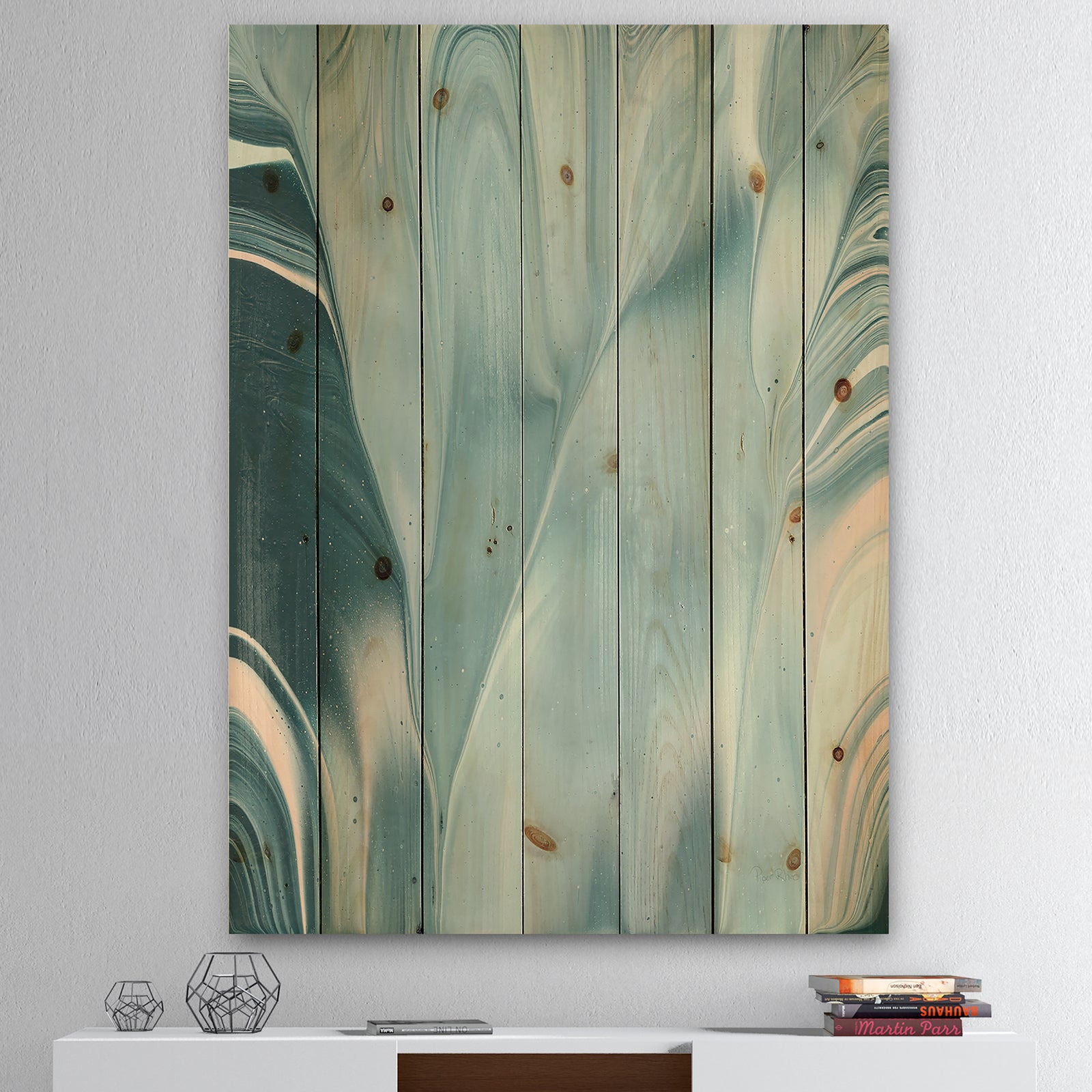Blue Modern Water I - Modern Transitional Print on Natural Pine Wood