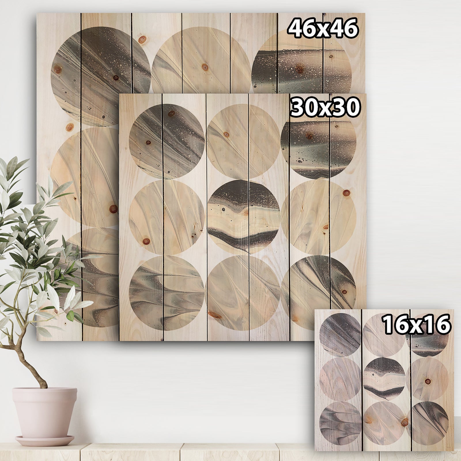 Circle Marble III - Modern Geometric Print on Natural Pine Wood