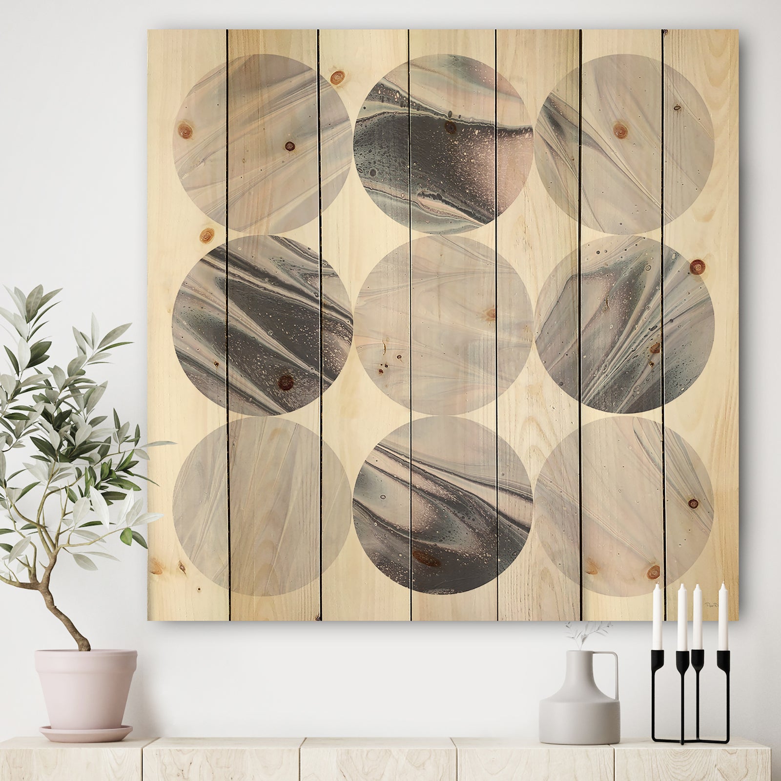 Circle Marble IV - Modern Geometric Print on Natural Pine Wood