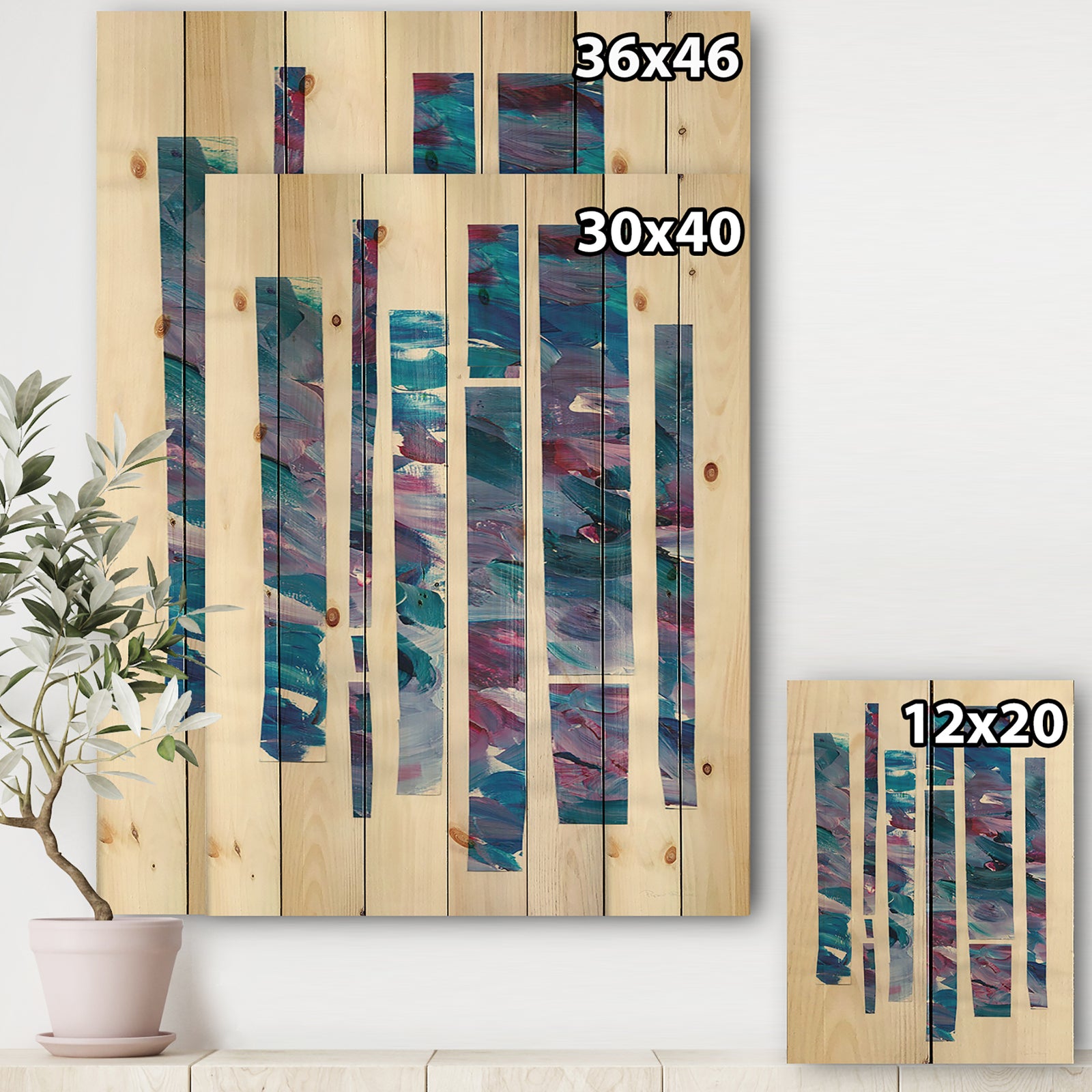 Ribbons of Jewels II - Modern Geometric Print on Natural Pine Wood