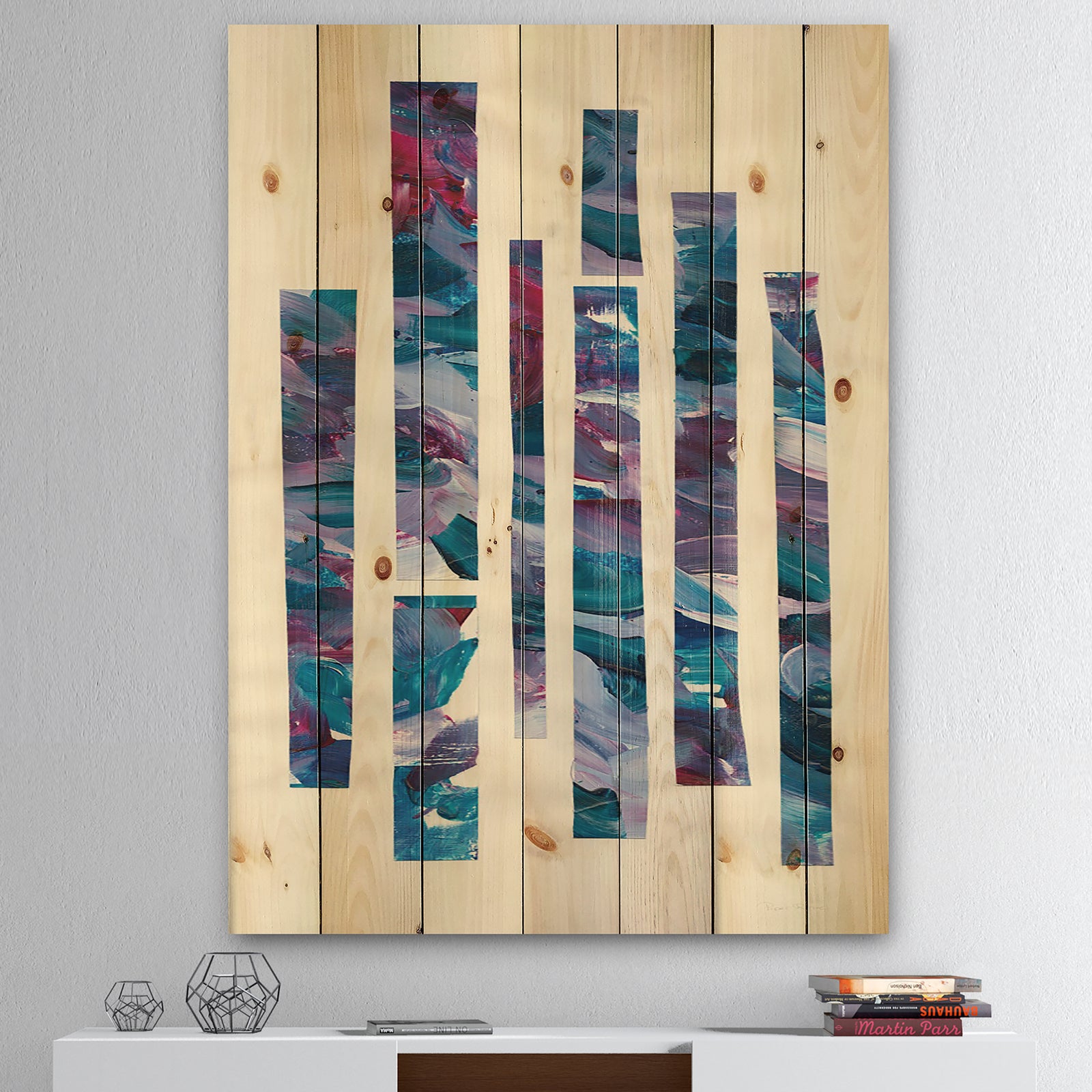 Ribbons of Jewels I - Modern Geometric Print on Natural Pine Wood