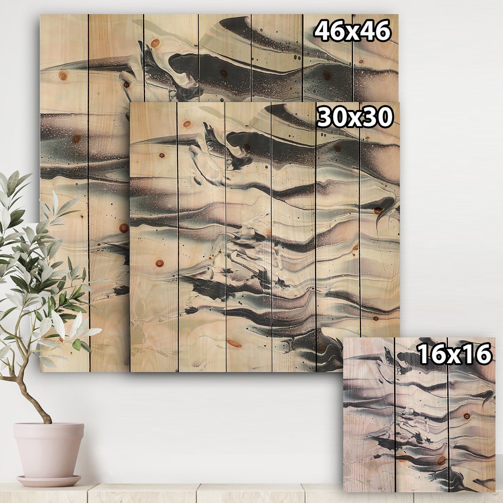 Grey Marbling V - Modern Transitional Print on Natural Pine Wood
