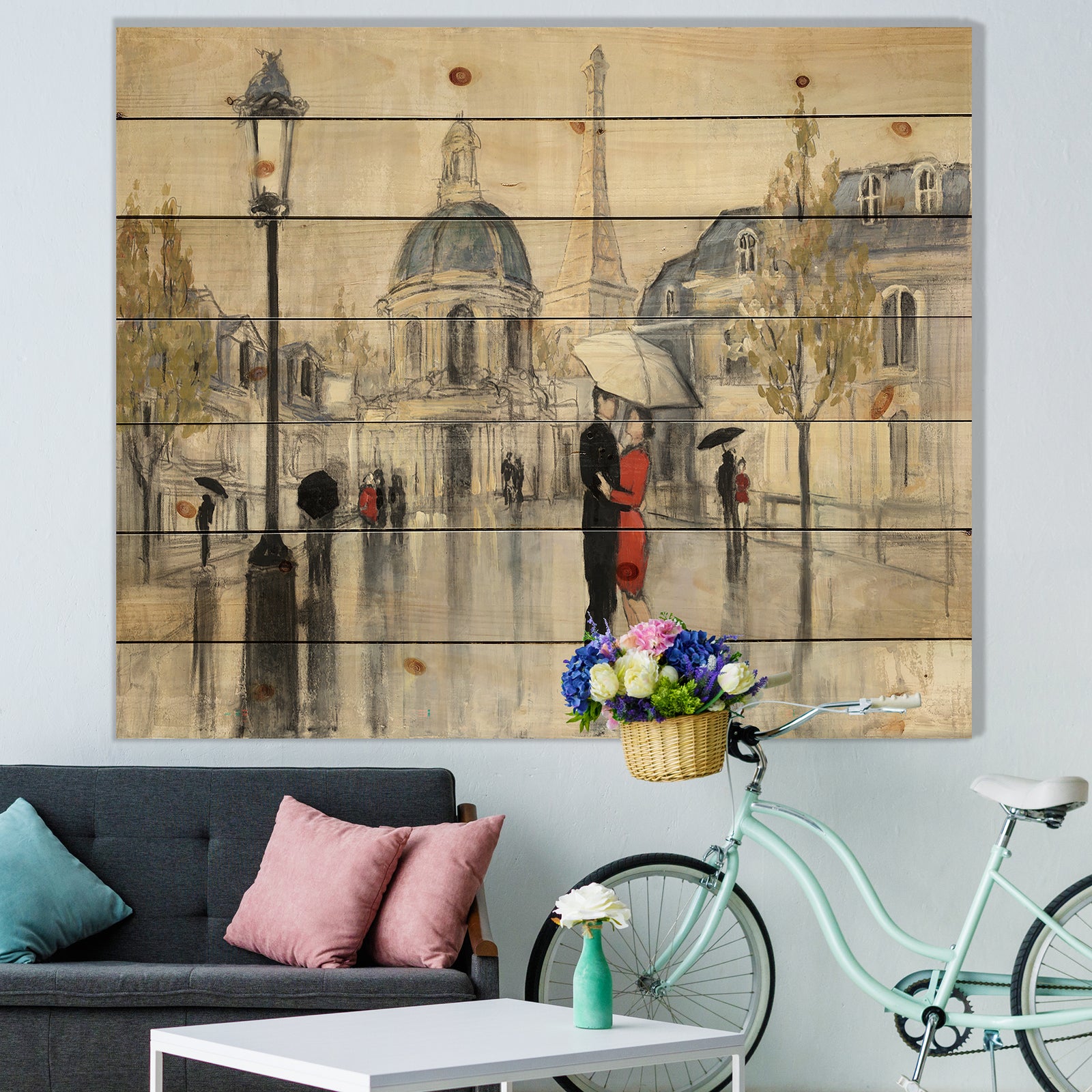Love in Paris I - Romantic French Country Print on Natural Pine Wood
