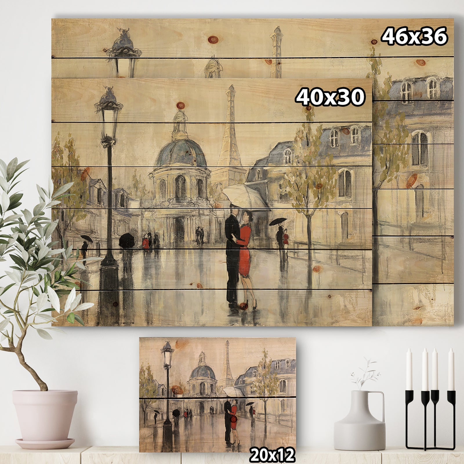 Love in Paris I - Romantic French Country Print on Natural Pine Wood