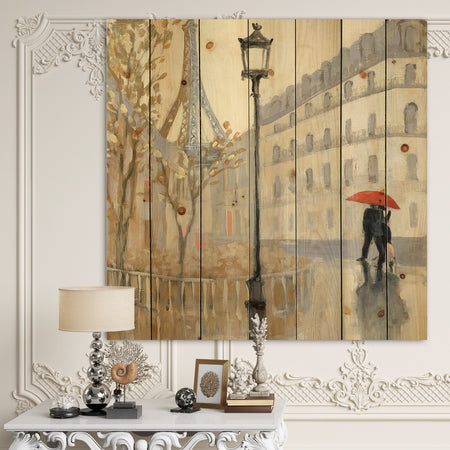 Love in Paris V - Romantic French Country Print on Natural Pine Wood