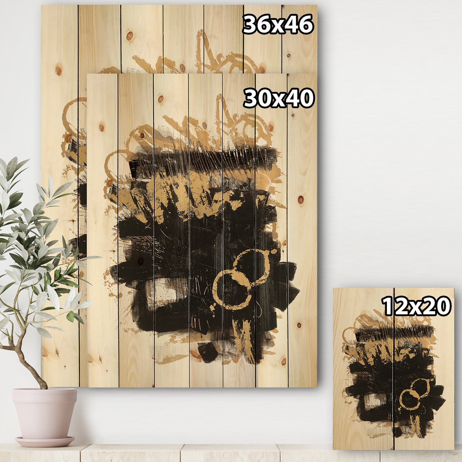 Gold and Black drift II - Glam Modern Print on Natural Pine Wood