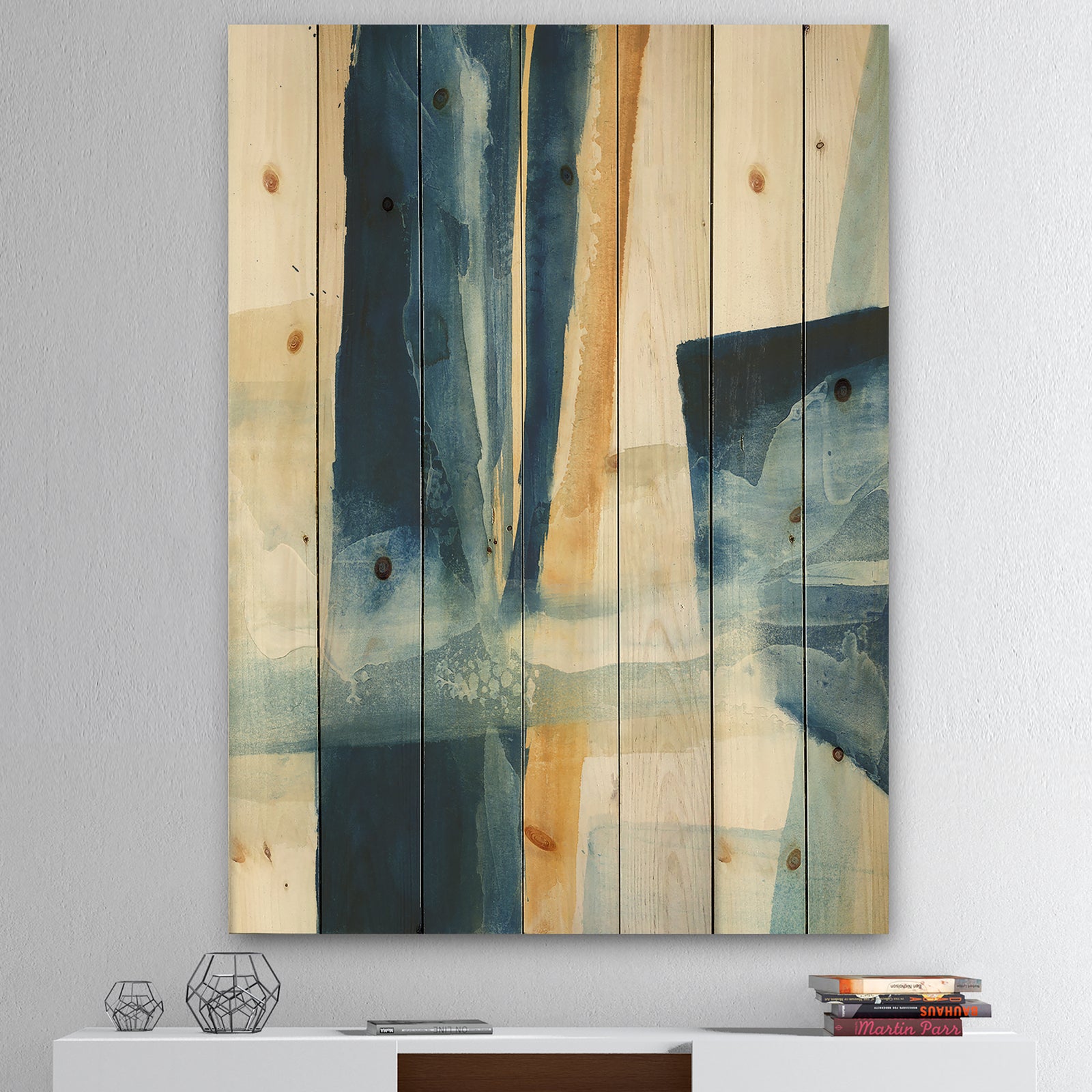 Indigo Panel IV - Glam Modern Print on Natural Pine Wood