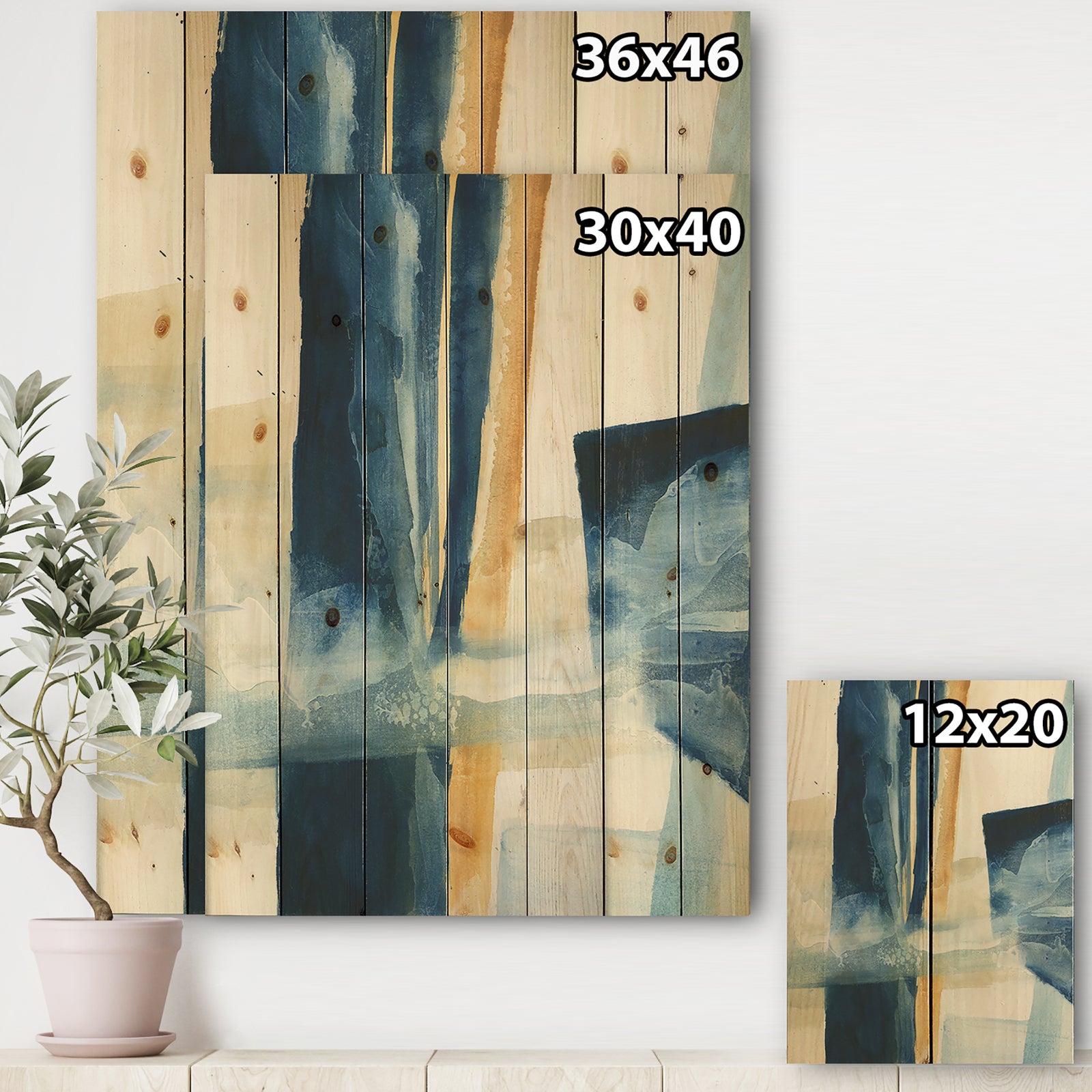 Indigo Panel IV - Glam Modern Print on Natural Pine Wood