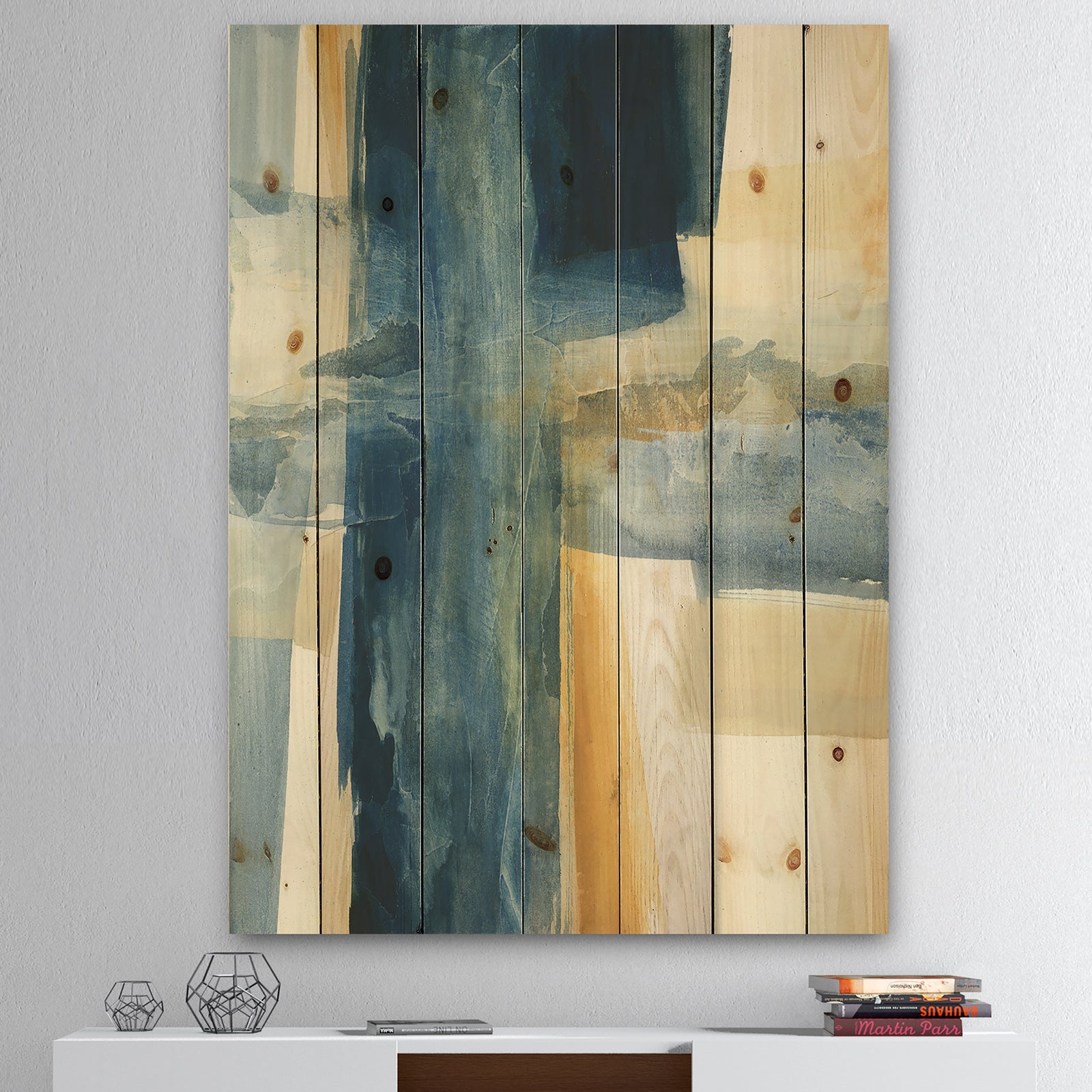 Indigo Panel VI - Glam Modern Print on Natural Pine Wood