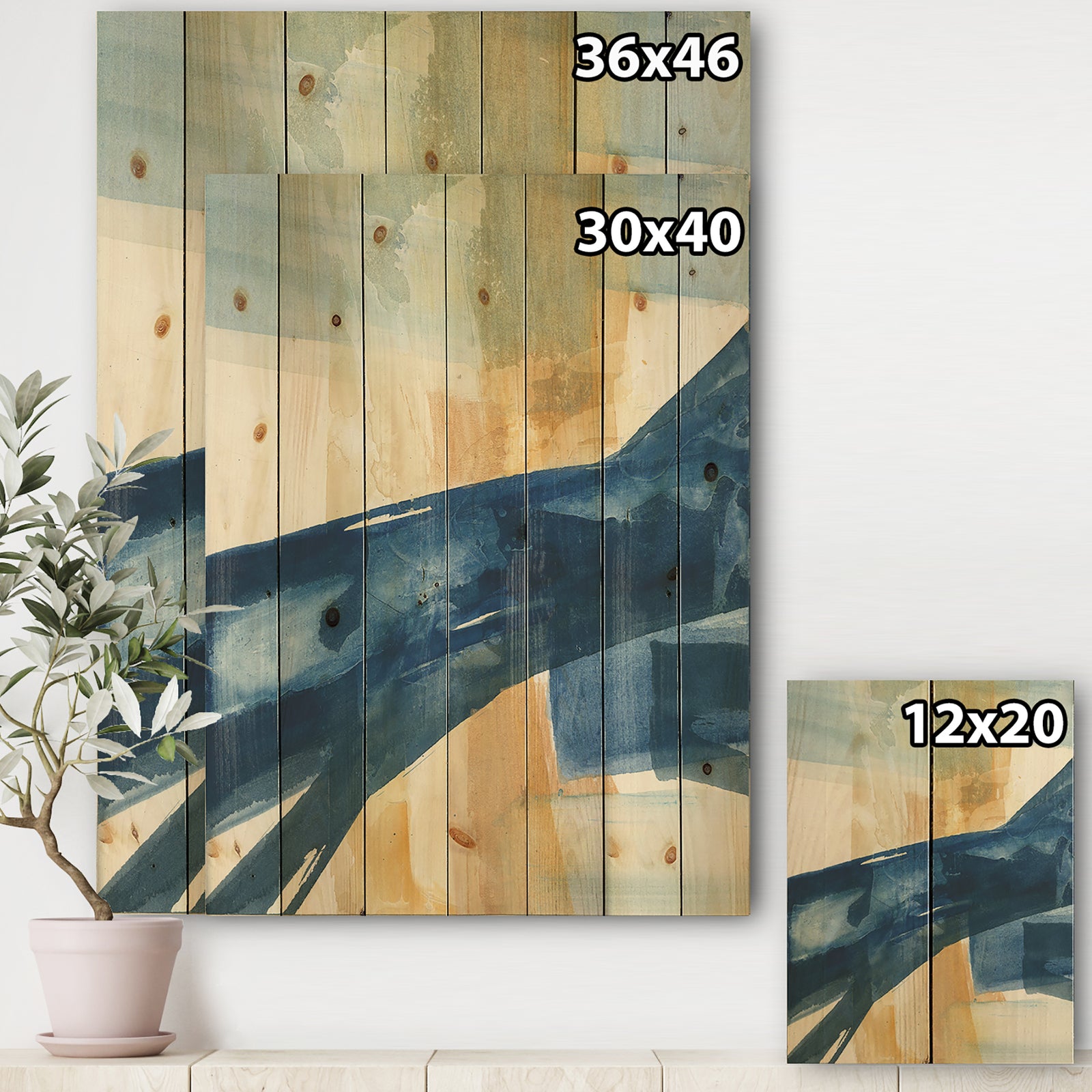Indigo Panel III - Glam Modern Print on Natural Pine Wood
