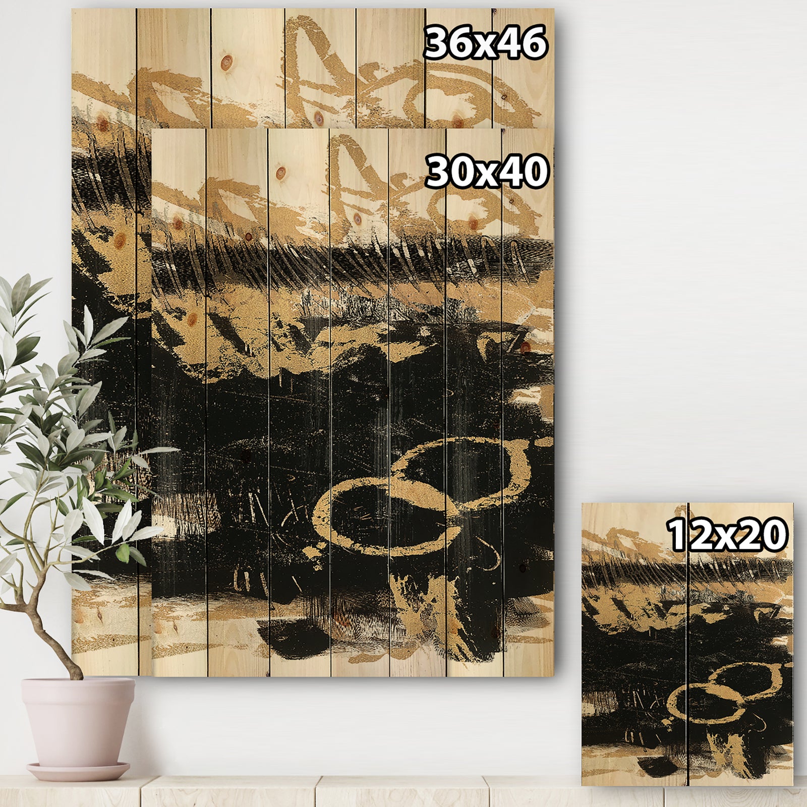Gold and Black drift III - Modern Glam Print on Natural Pine Wood