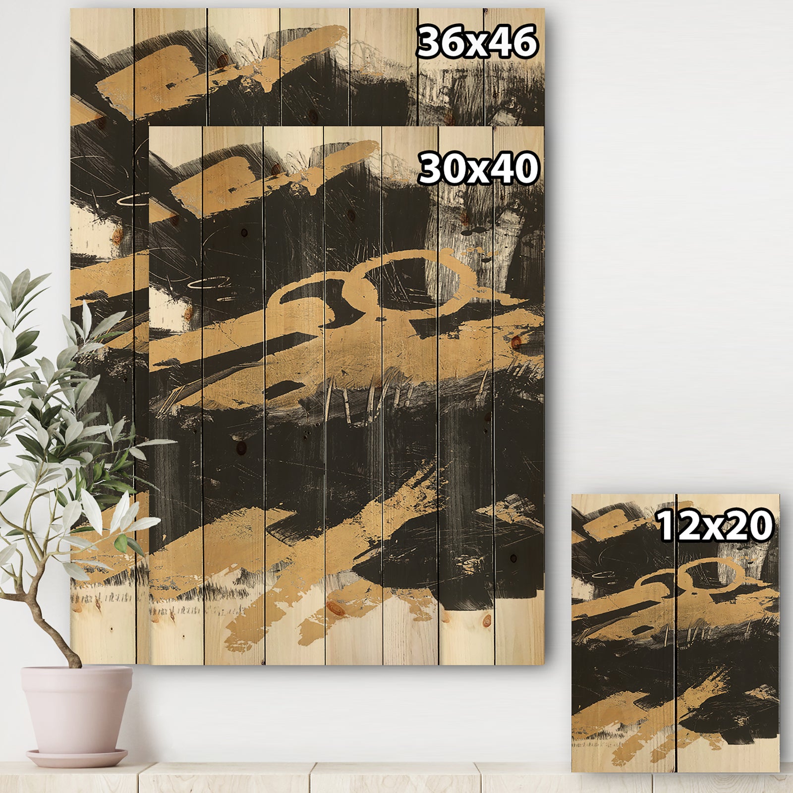 Gold and Black drift IV - Glam Print on Natural Pine Wood