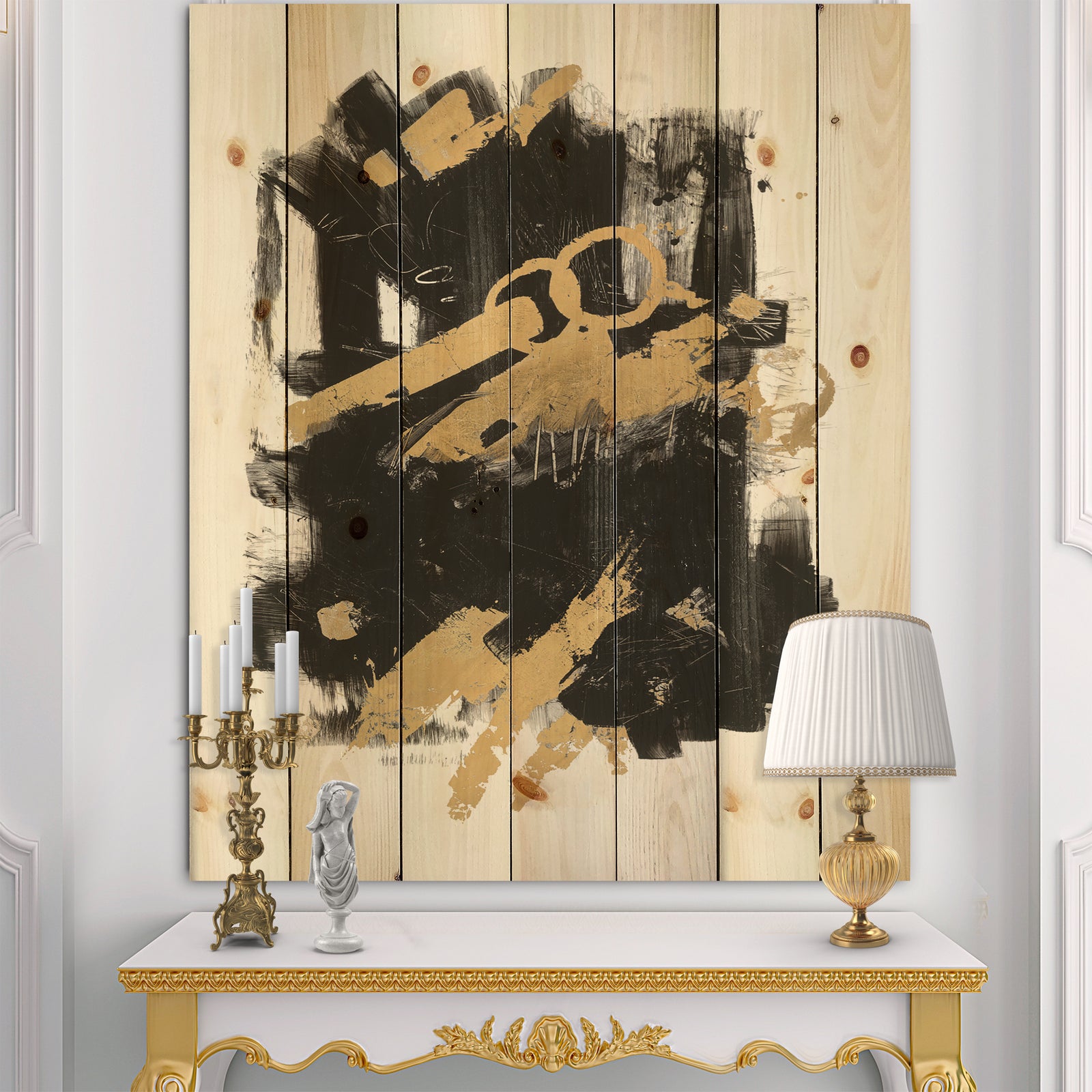 Gold and Black drift I - Modern Glam Print on Natural Pine Wood