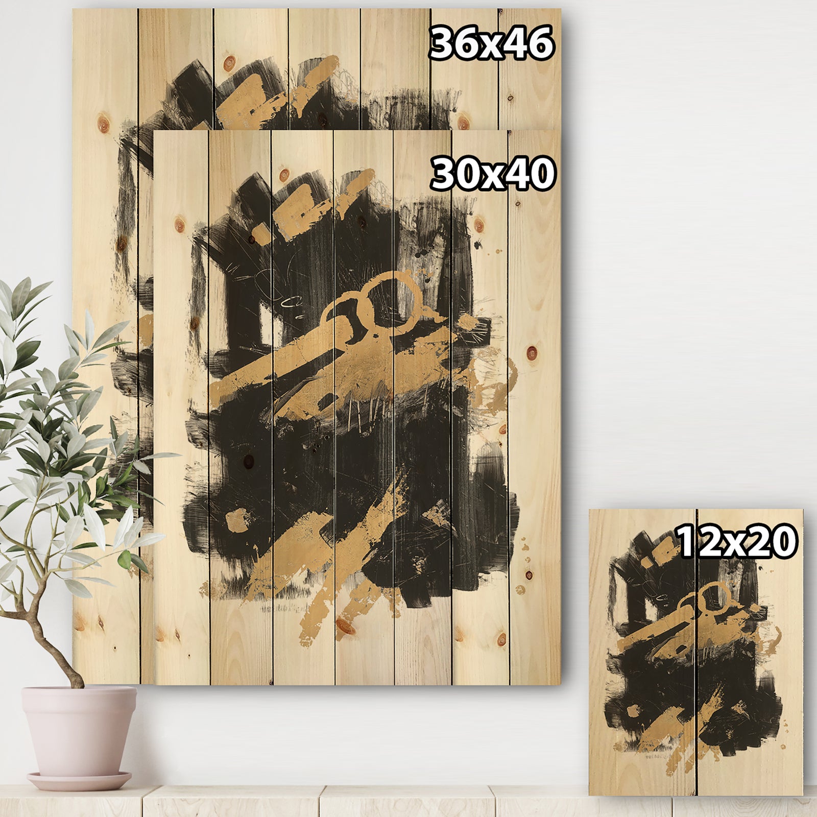 Gold and Black drift I - Modern Glam Print on Natural Pine Wood