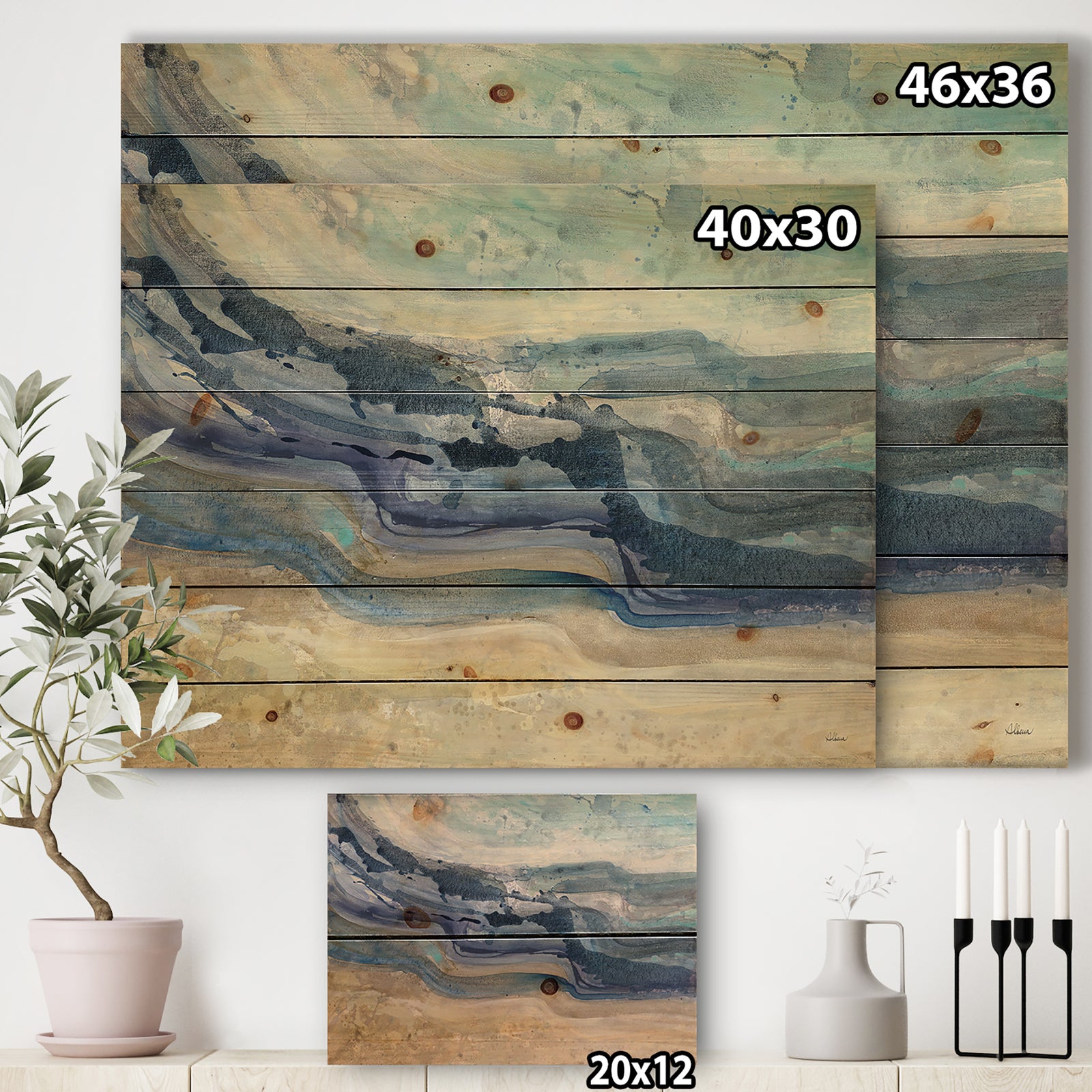 Coast Blue Sea Waves Watercolour - Modern Farmhouse Print on Natural Pine Wood