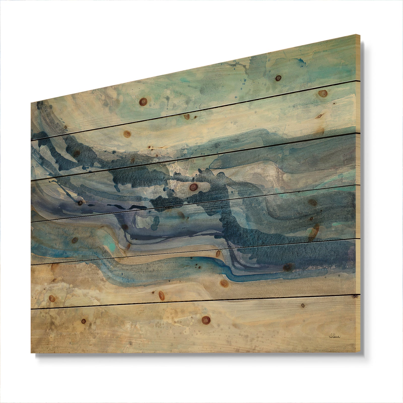 Coast Blue Sea Waves Watercolour - Modern Farmhouse Print on Natural Pine Wood