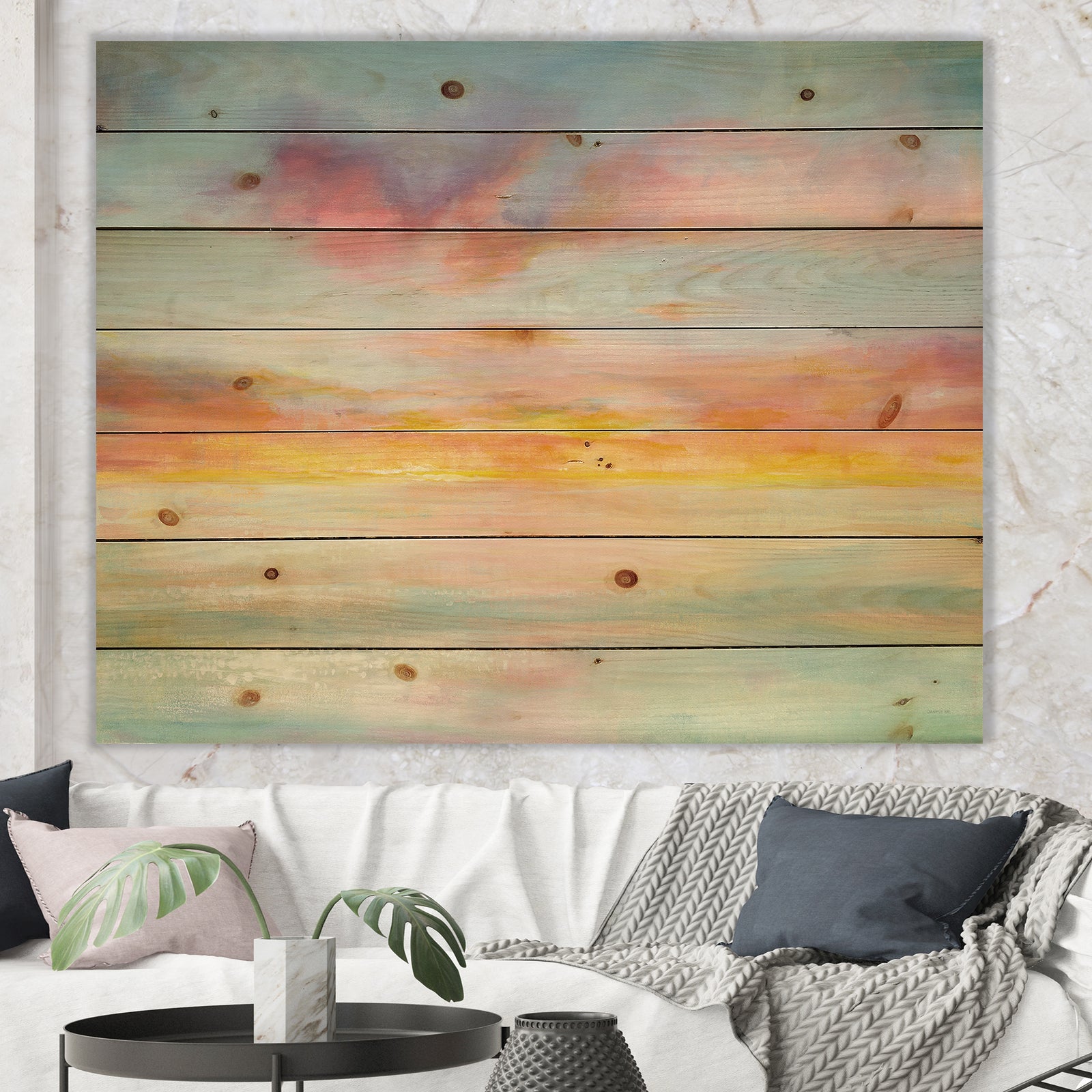 Pastel Pink And Blue Clouds - Traditional Print on Natural Pine Wood