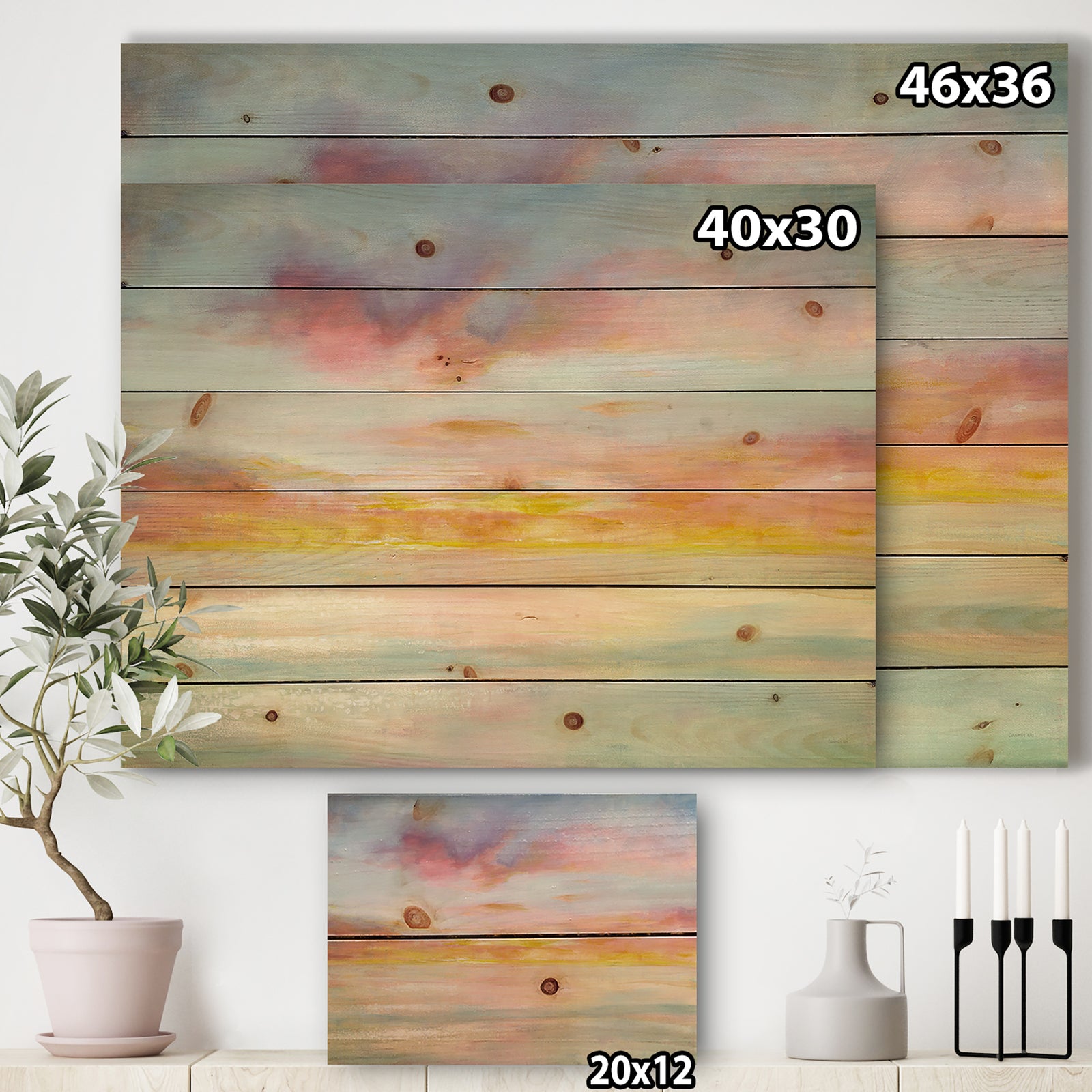 Pastel Pink And Blue Clouds - Traditional Print on Natural Pine Wood
