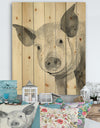 Piglet Farmhouse Animal in Black and White - Farmhouse Animals Print on Natural Pine Wood