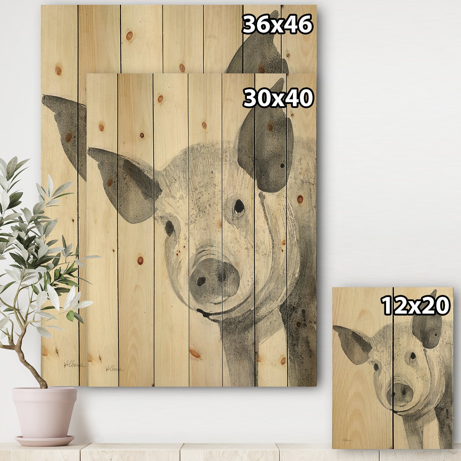 Piglet Farmhouse Animal in Black and White - Farmhouse Animals Print on Natural Pine Wood