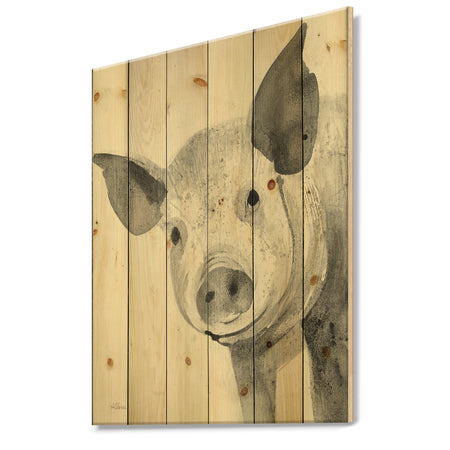 Piglet Farmhouse Animal in Black and White - Farmhouse Animals Print on Natural Pine Wood