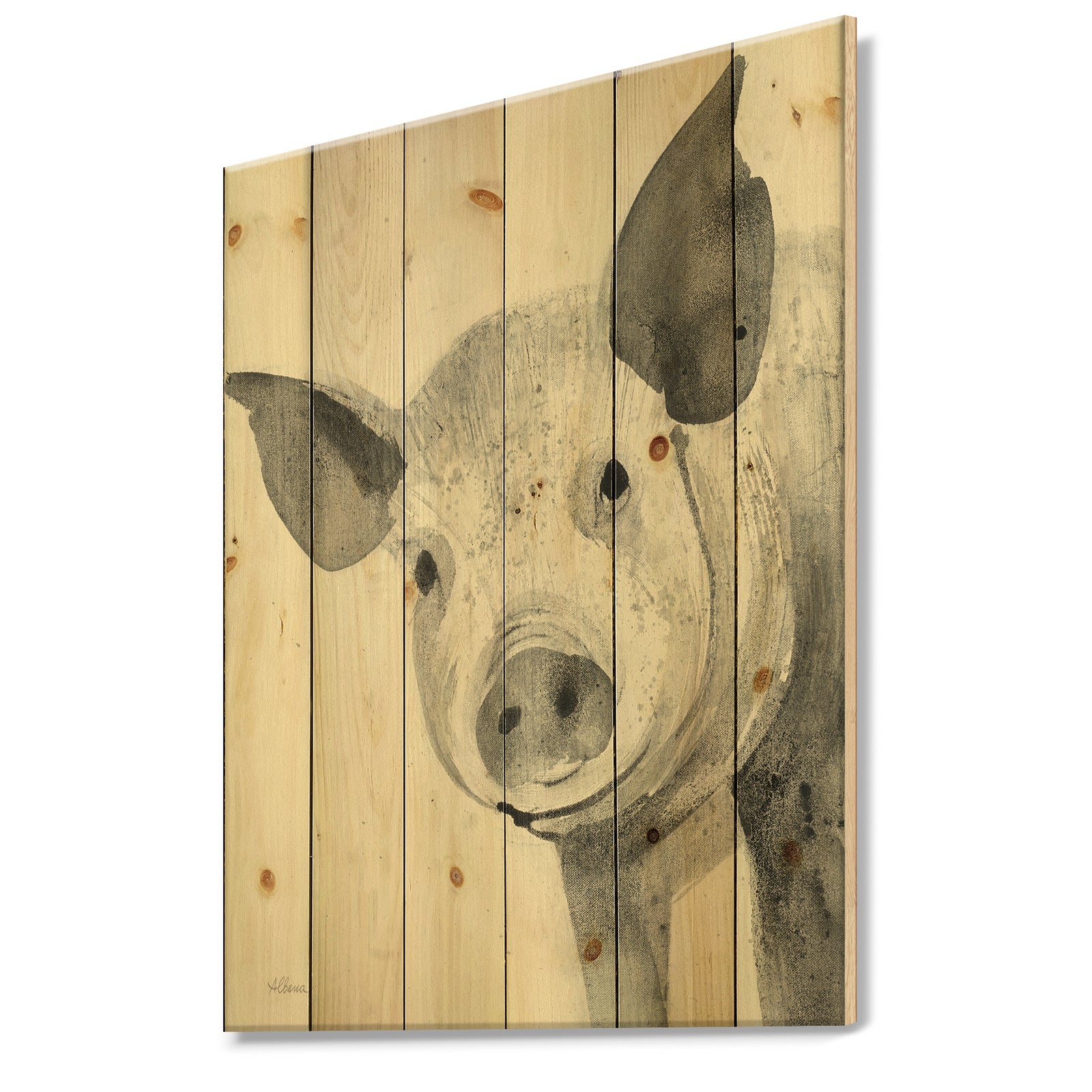 Piglet Farmhouse Animal in Black and White - Farmhouse Animals Print on Natural Pine Wood
