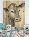 Cow Farmhouse Animal in Black and White - Farmhouse Animals Print on Natural Pine Wood