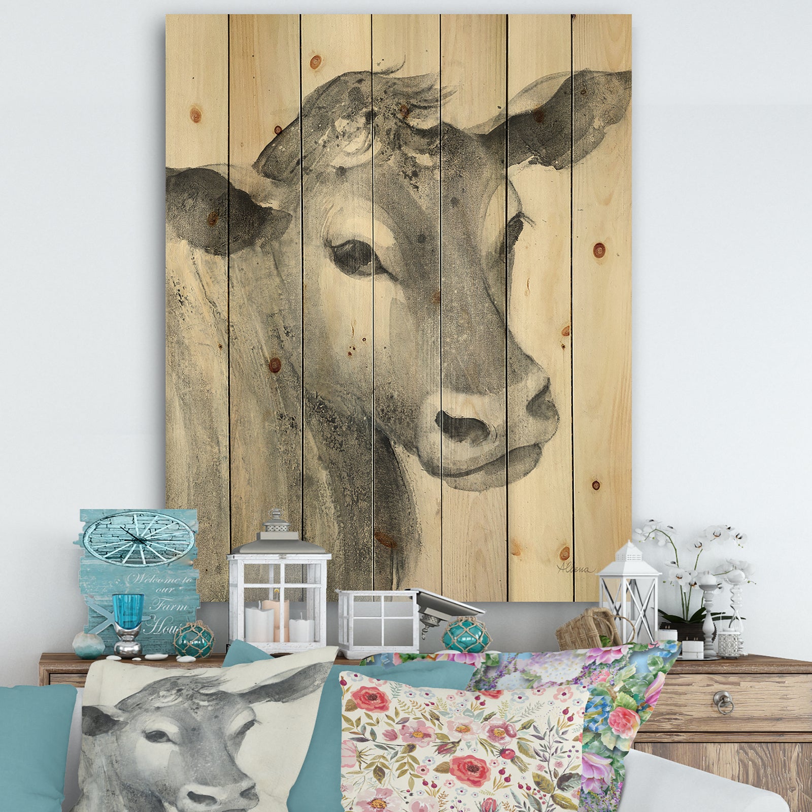 Cow Farmhouse Animal in Black and White - Farmhouse Animals Print on Natural Pine Wood