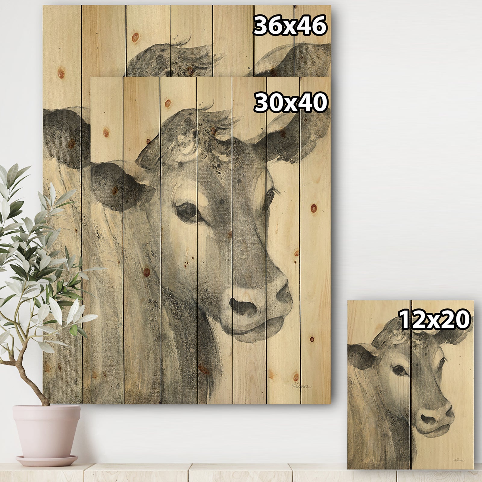Cow Farmhouse Animal in Black and White - Farmhouse Animals Print on Natural Pine Wood