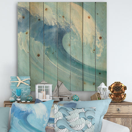 Ocean Wave with White Foam - Nautical & Coastal Print on Natural Pine Wood