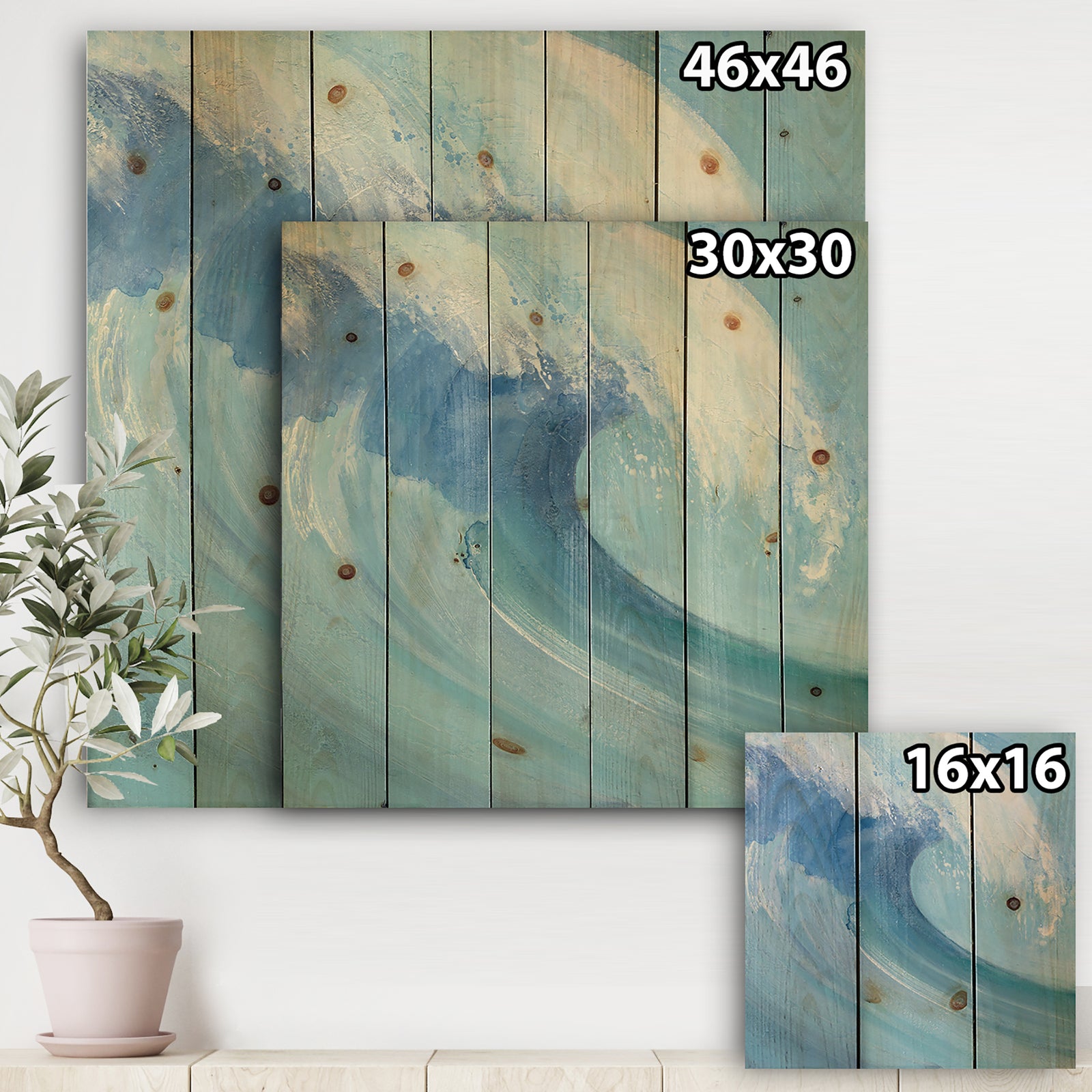 Ocean Wave with White Foam - Nautical & Coastal Print on Natural Pine Wood