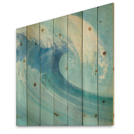 Ocean Wave with White Foam - Nautical & Coastal Print on Natural Pine Wood