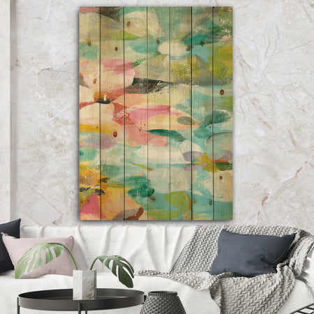 Abstract Flowers in Blue and Pink - Cabin & Lodge Print on Natural Pine Wood
